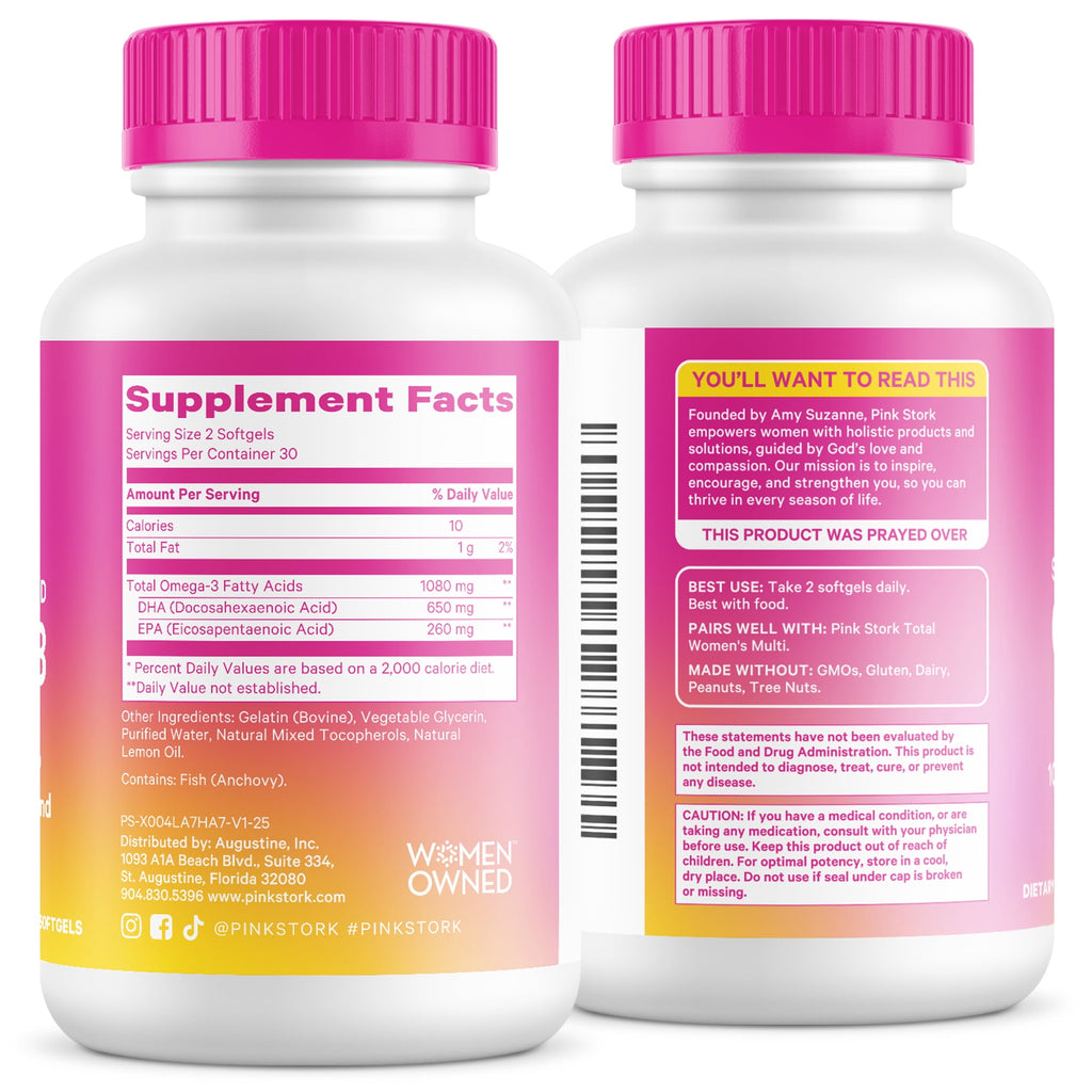 Pink Stork Omega 3 Fish Oil Supplements DHA and EPA for Cognitive Health- 60 Softgels