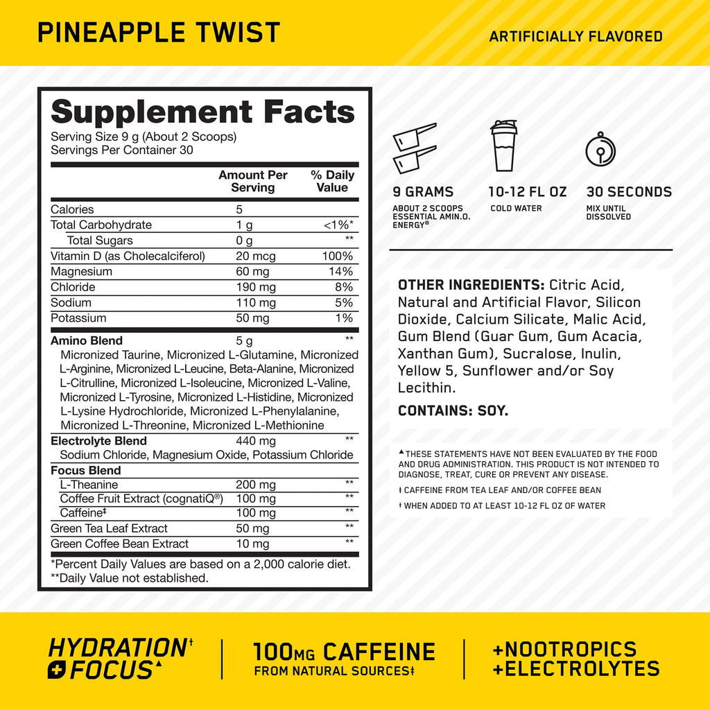 Optimum Nutrition Essential Amino Energy Hydration Plus Focus Powder, Pineapple Twist, 9.5 oz