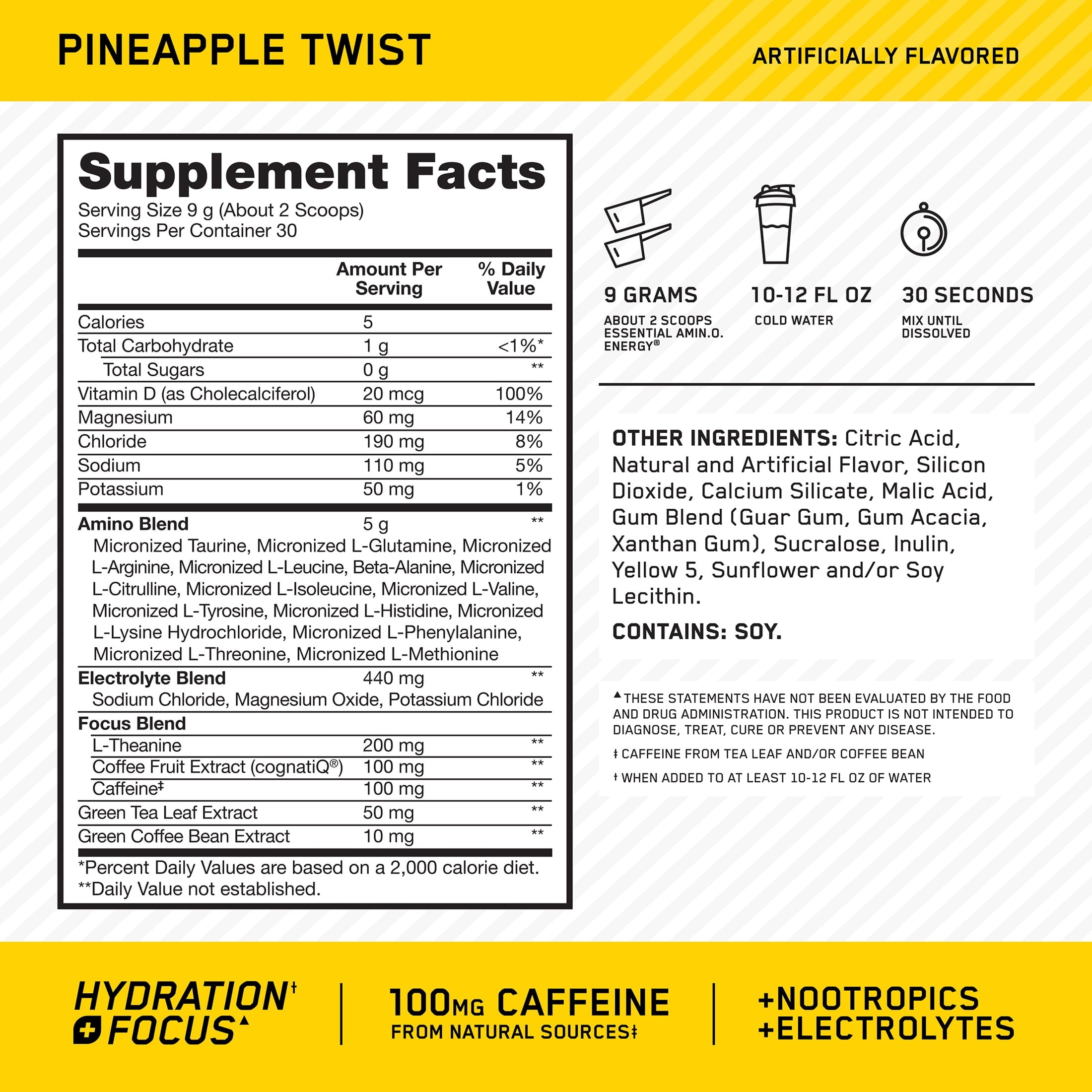 Optimum Nutrition Essential Amino Energy Hydration Plus Focus Powder, Pineapple Twist, 9.5 oz