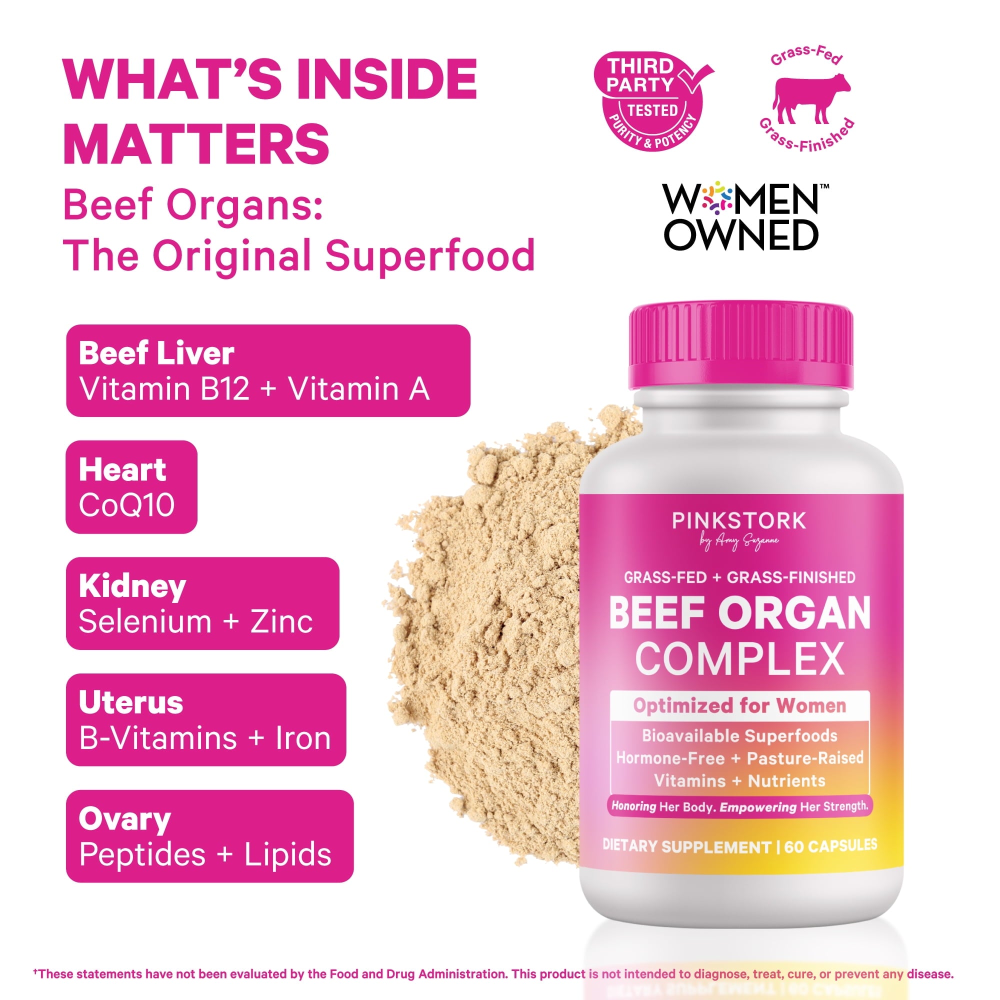 Pink Stork Beef Organ Supplement for Women | Grass-Fed Beef Liver Capsules with Iron, B12, CoQ10, Vitamin A | Primal Multivitamin | Female Hormone + Energy Support | 60 Capsules