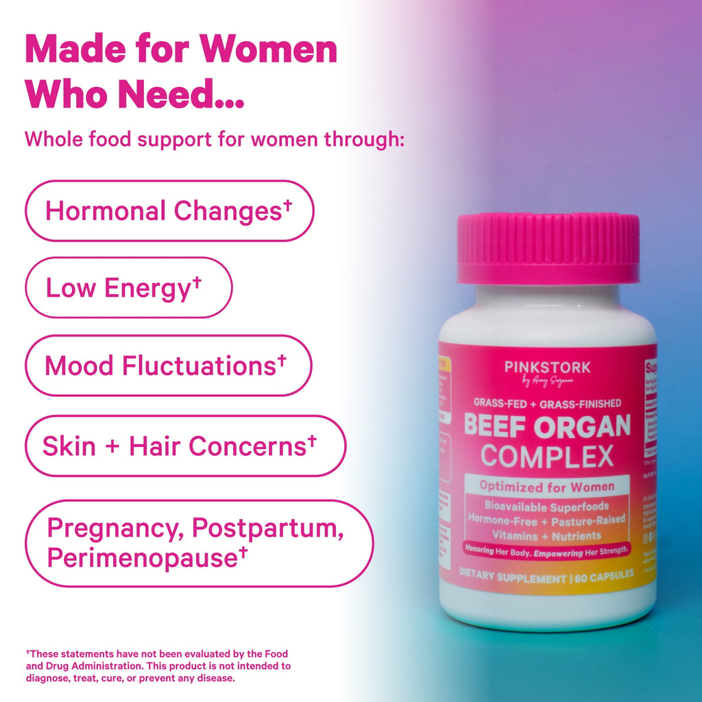 Pink Stork Beef Organ Supplement for Women | Grass-Fed Beef Liver Capsules with Iron, B12, CoQ10, Vitamin A | Primal Multivitamin | Female Hormone + Energy Support | 60 Capsules