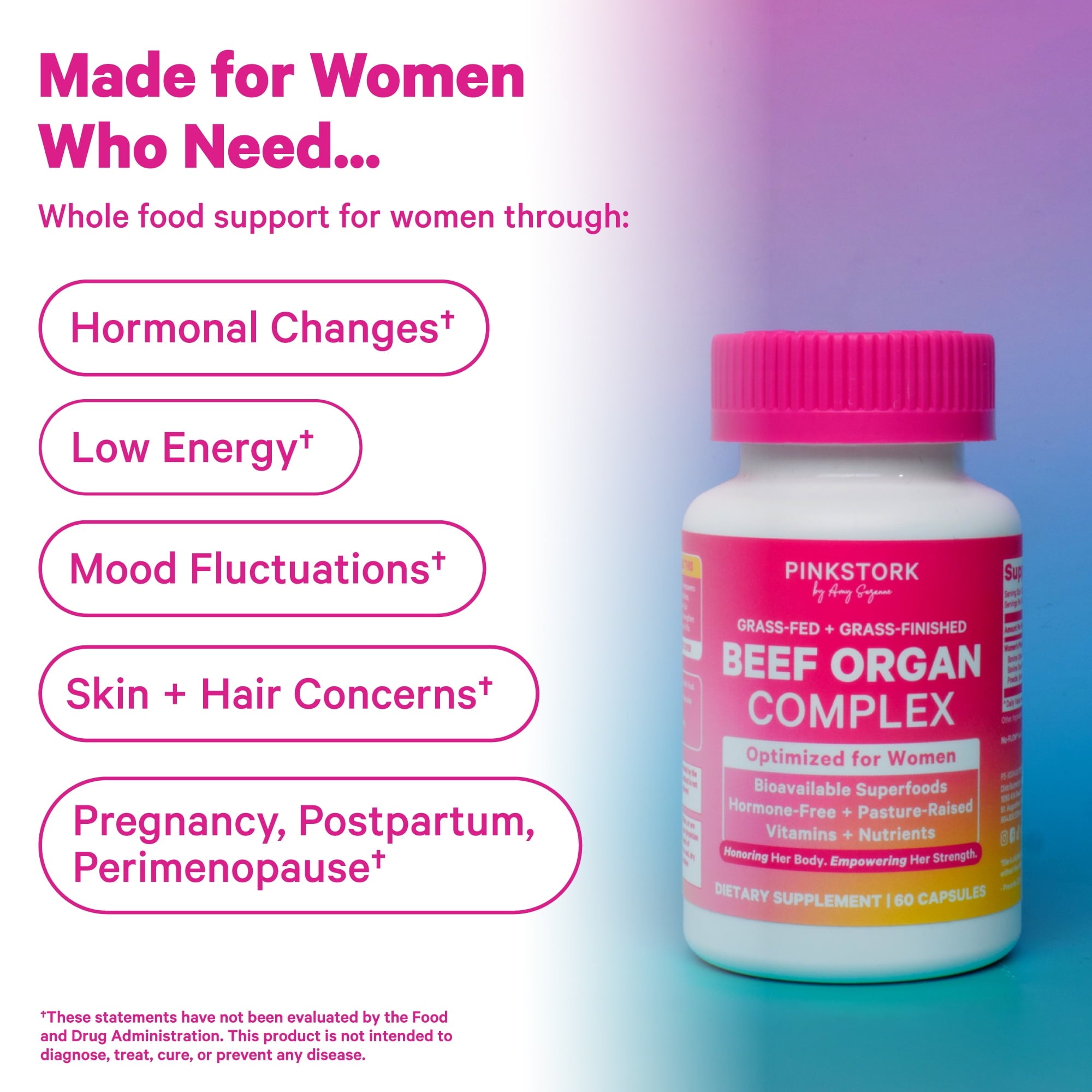 Pink Stork Beef Organ Supplement for Women | Grass-Fed Beef Liver Capsules with Iron, B12, CoQ10, Vitamin A | Primal Multivitamin | Female Hormone + Energy Support | 60 Capsules