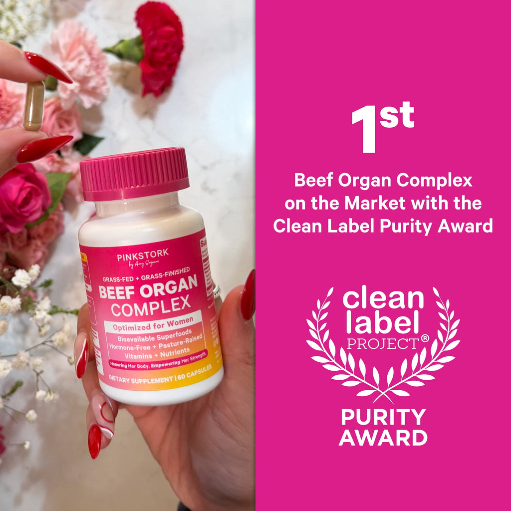 Pink Stork Beef Organ Supplement for Women | Grass-Fed Beef Liver Capsules with Iron, B12, CoQ10, Vitamin A | Primal Multivitamin | Female Hormone + Energy Support | 60 Capsules