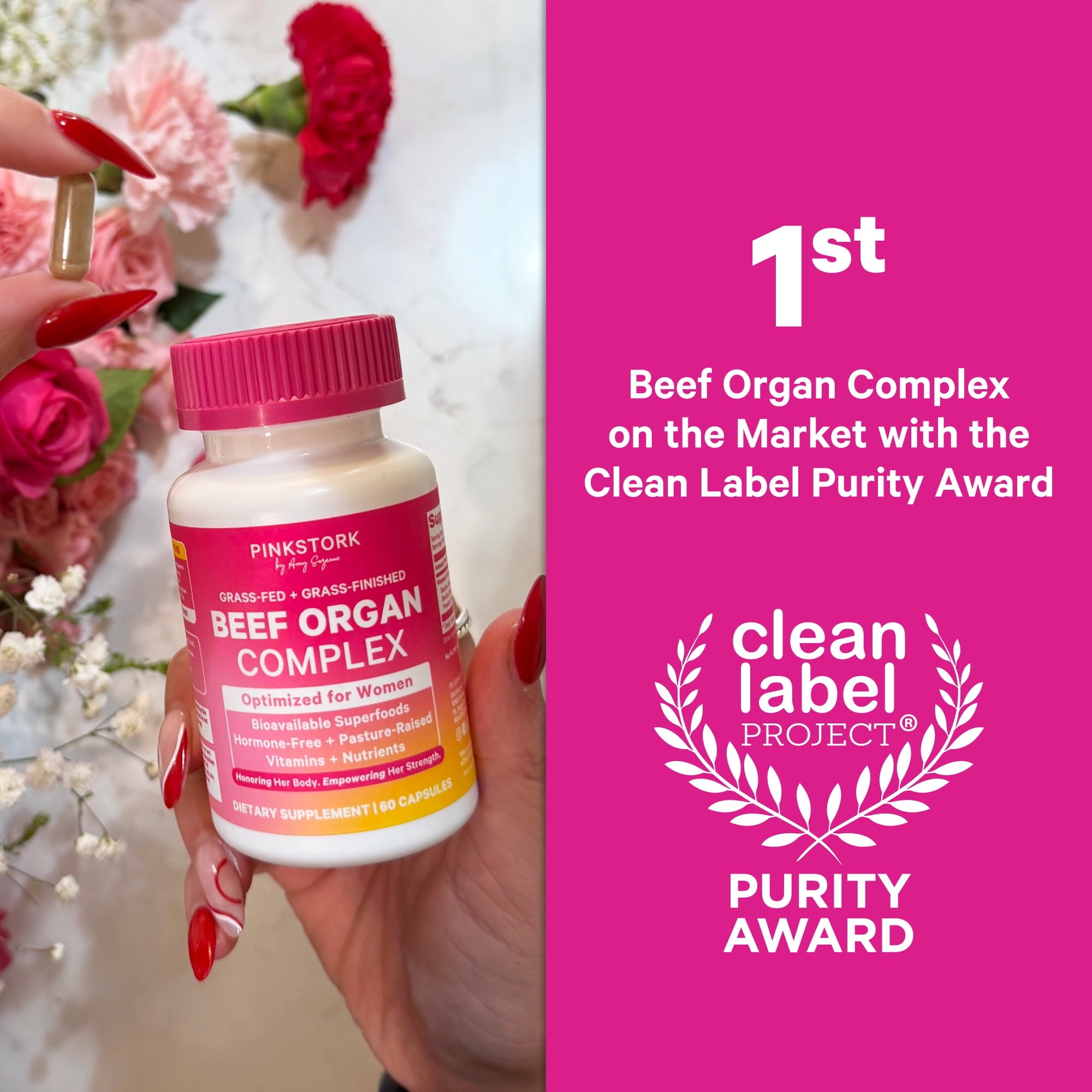 Pink Stork Beef Organ Supplement for Women | Grass-Fed Beef Liver Capsules with Iron, B12, CoQ10, Vitamin A | Primal Multivitamin | Female Hormone + Energy Support | 60 Capsules