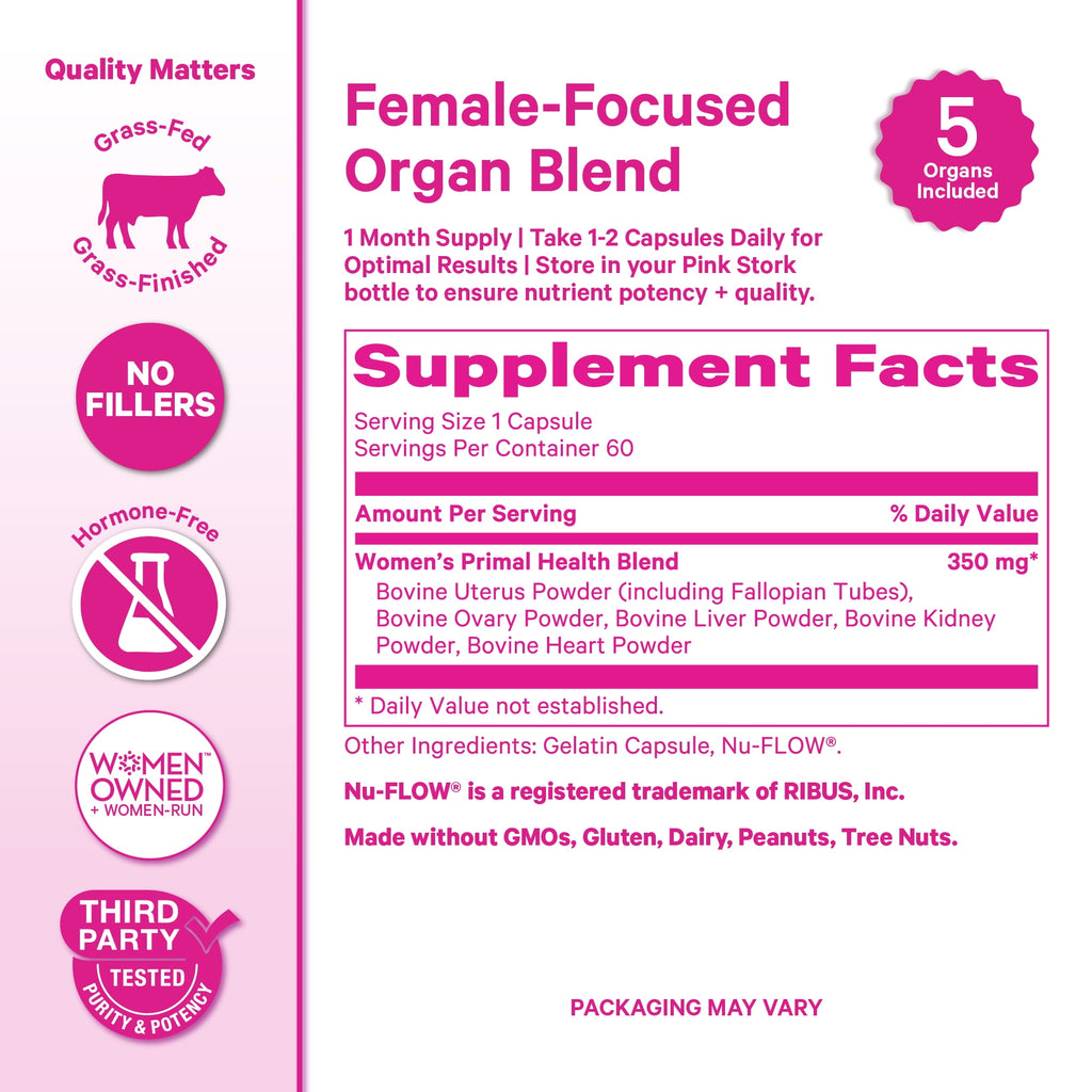 Pink Stork Beef Organ Supplement for Women | Grass-Fed Beef Liver Capsules with Iron, B12, CoQ10, Vitamin A | Primal Multivitamin | Female Hormone + Energy Support | 60 Capsules