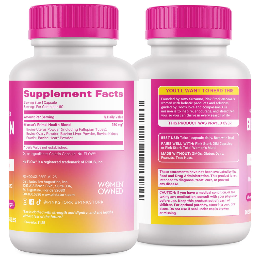 Pink Stork Beef Organ Supplement for Women | Grass-Fed Beef Liver Capsules with Iron, B12, CoQ10, Vitamin A | Primal Multivitamin | Female Hormone + Energy Support | 60 Capsules