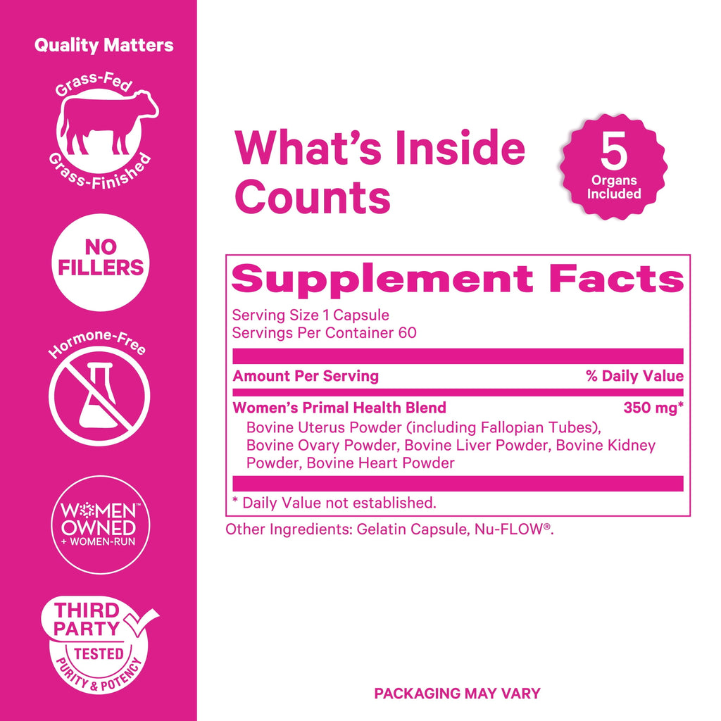 Pink Stork Beef Organ Supplement for Women | Grass-Fed Beef Liver Capsules with Iron, B12, CoQ10, Vitamin A | Primal Multivitamin | Female Hormone + Energy Support | 60 Capsules