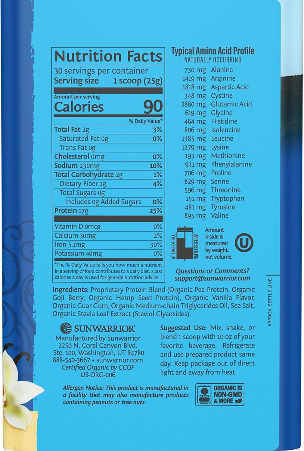 Sunwarrior Organic Vegan Protein Powder with Greens, Warrior Blend, Vanilla, 30 Servings