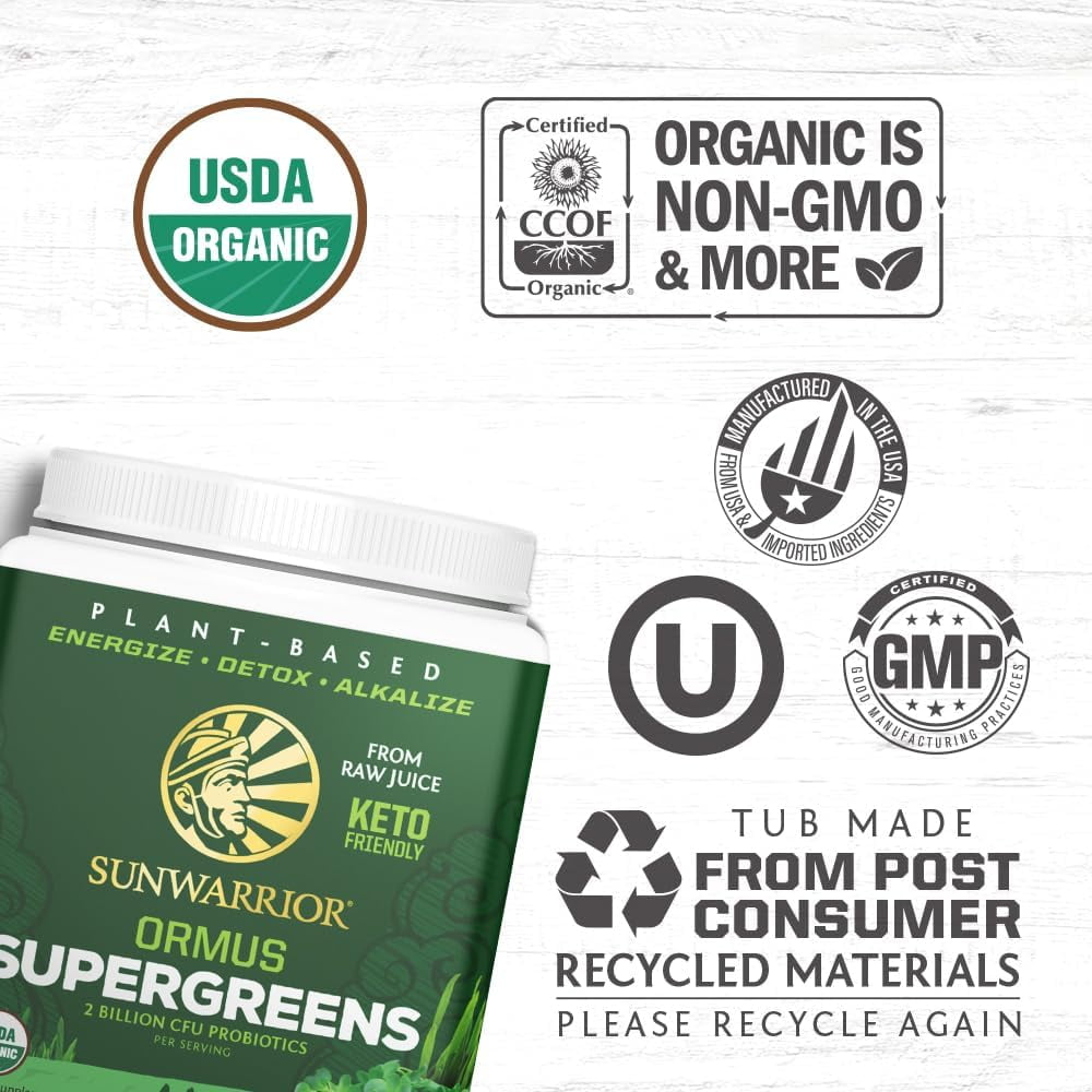 Sunwarrior Ormus Supergreens Organic Probiotic Powder, Vegan, Dairy-Free, 225g