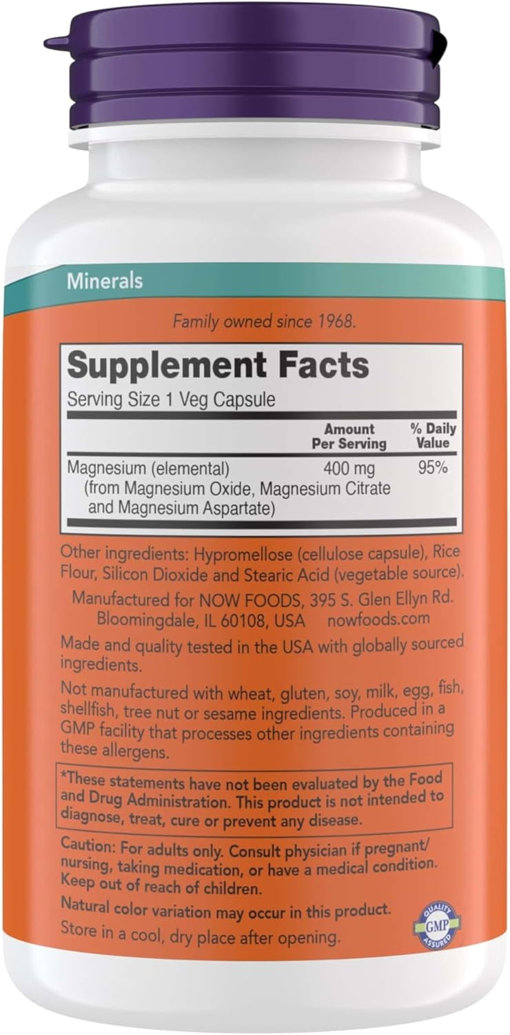 Now Supplements Magnesium 400mg - Enzyme Function*, Nervous System Support* - Magnesium Supplement for Men and Women, 360 Veg Capsules (Pack of 2)
