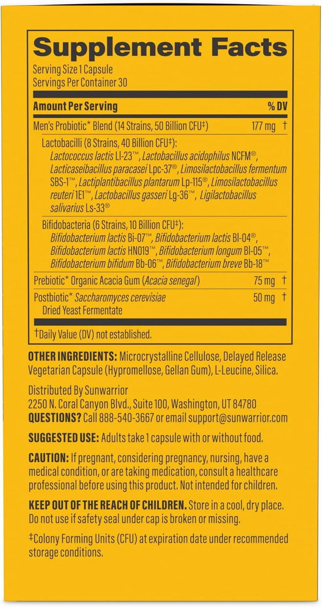 Sunwarrior Active Performance Men’s Probiotic Capsules for Gut Health, 50 Billion CFU, 30 Count