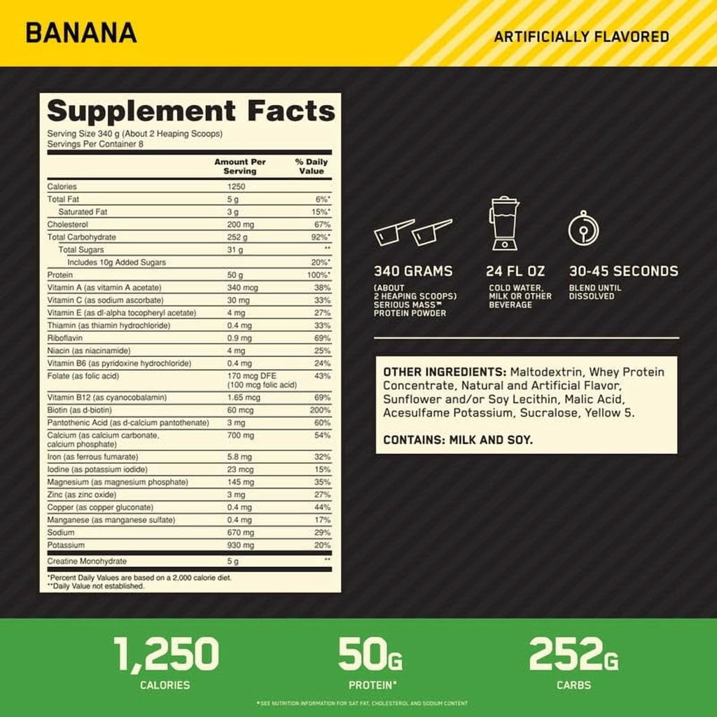 Optimum Nutrition Serious Mass Protein Powder, Banana, 50g Protein, 6 Lb