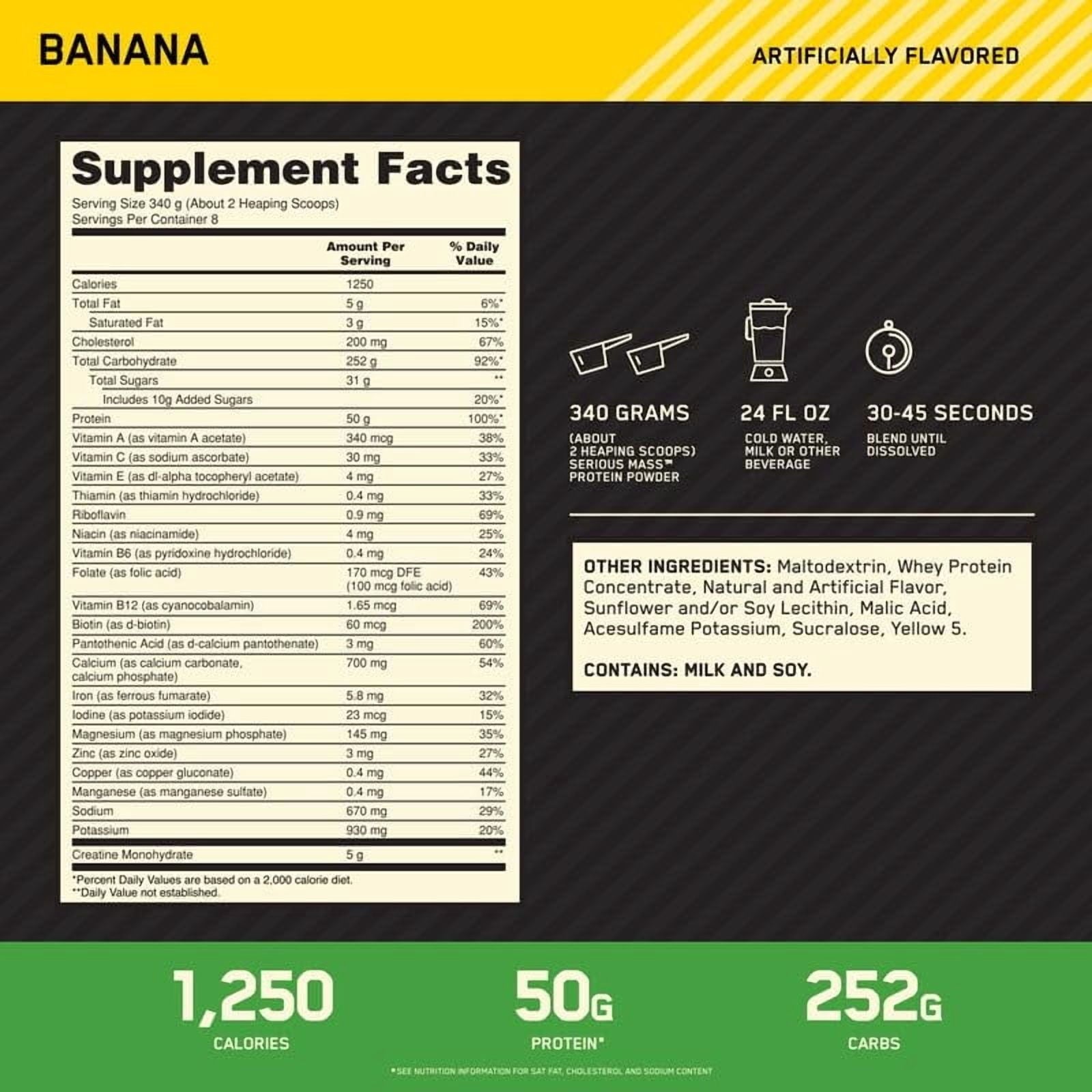 Optimum Nutrition Serious Mass Protein Powder, Banana, 50g Protein, 6 Lb