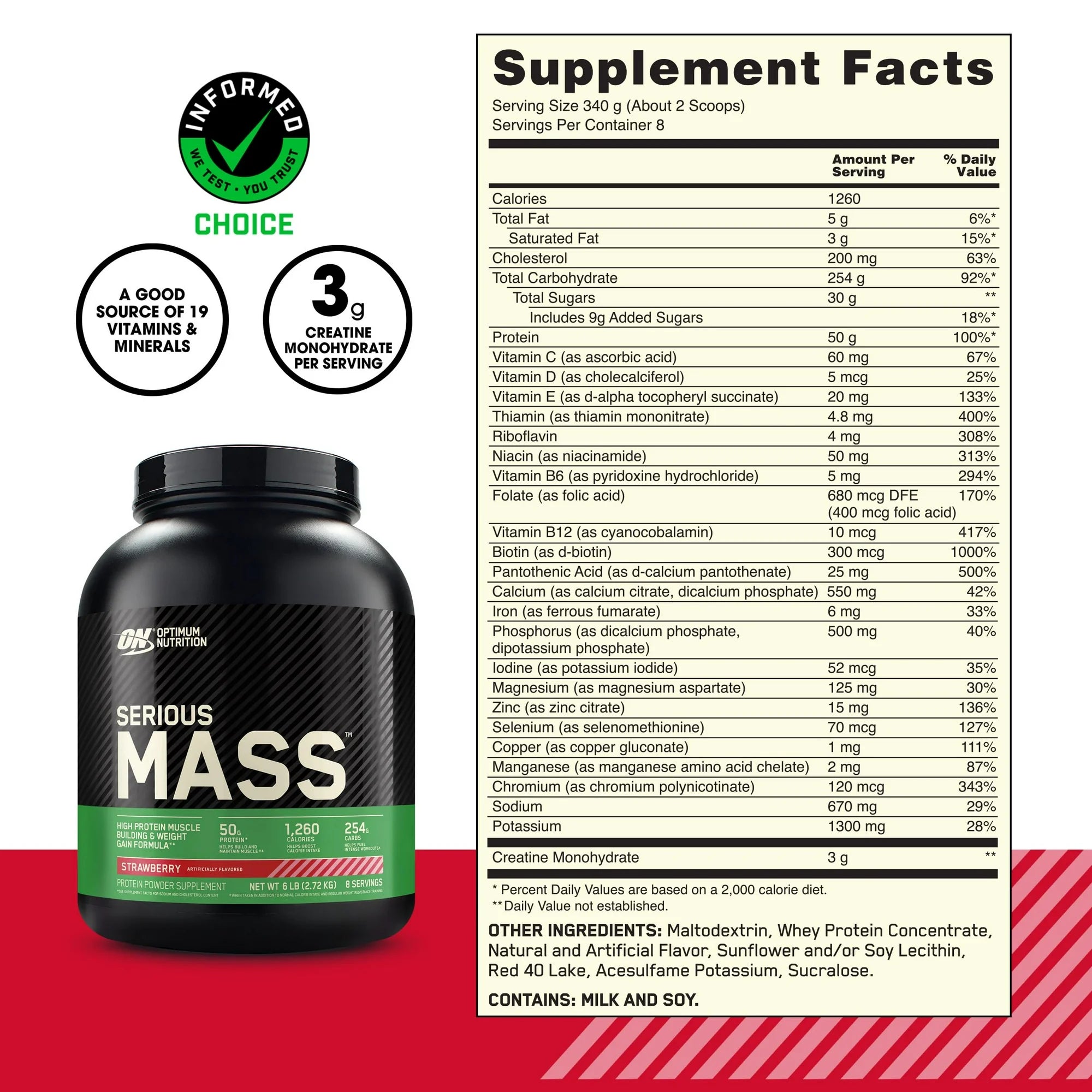 Optimum Nutrition Serious Mass Protein Powder, Banana, 50g Protein, 6 Lb
