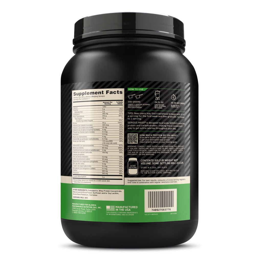 Optimum Nutrition Serious Mass Protein Powder, Banana, 50g Protein, 6 Lb