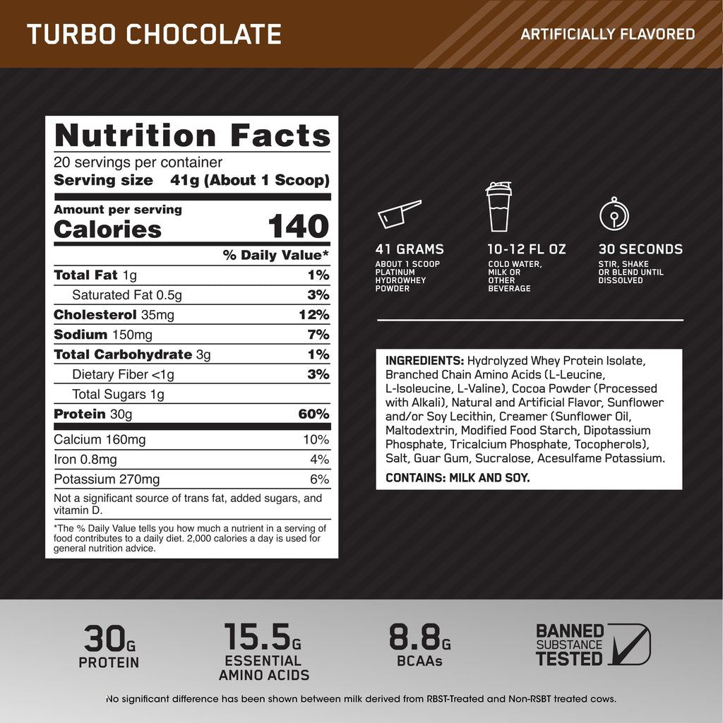 Optimum Nutrition Platinum Hydrowhey Protein Powder, Turbo Chocolate, 30g Protein, 1.8 Lb