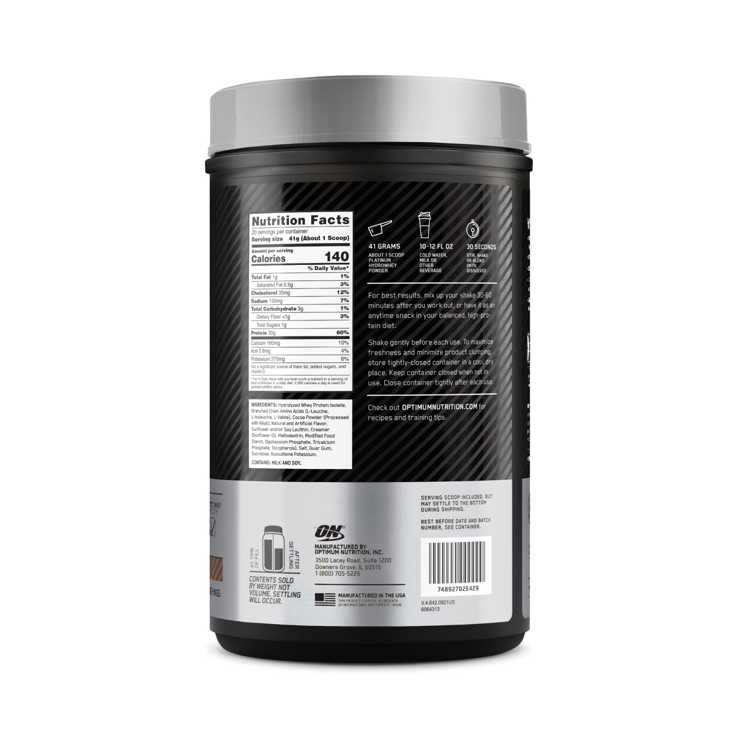 Optimum Nutrition Platinum Hydrowhey Protein Powder, Turbo Chocolate, 30g Protein, 1.8 Lb