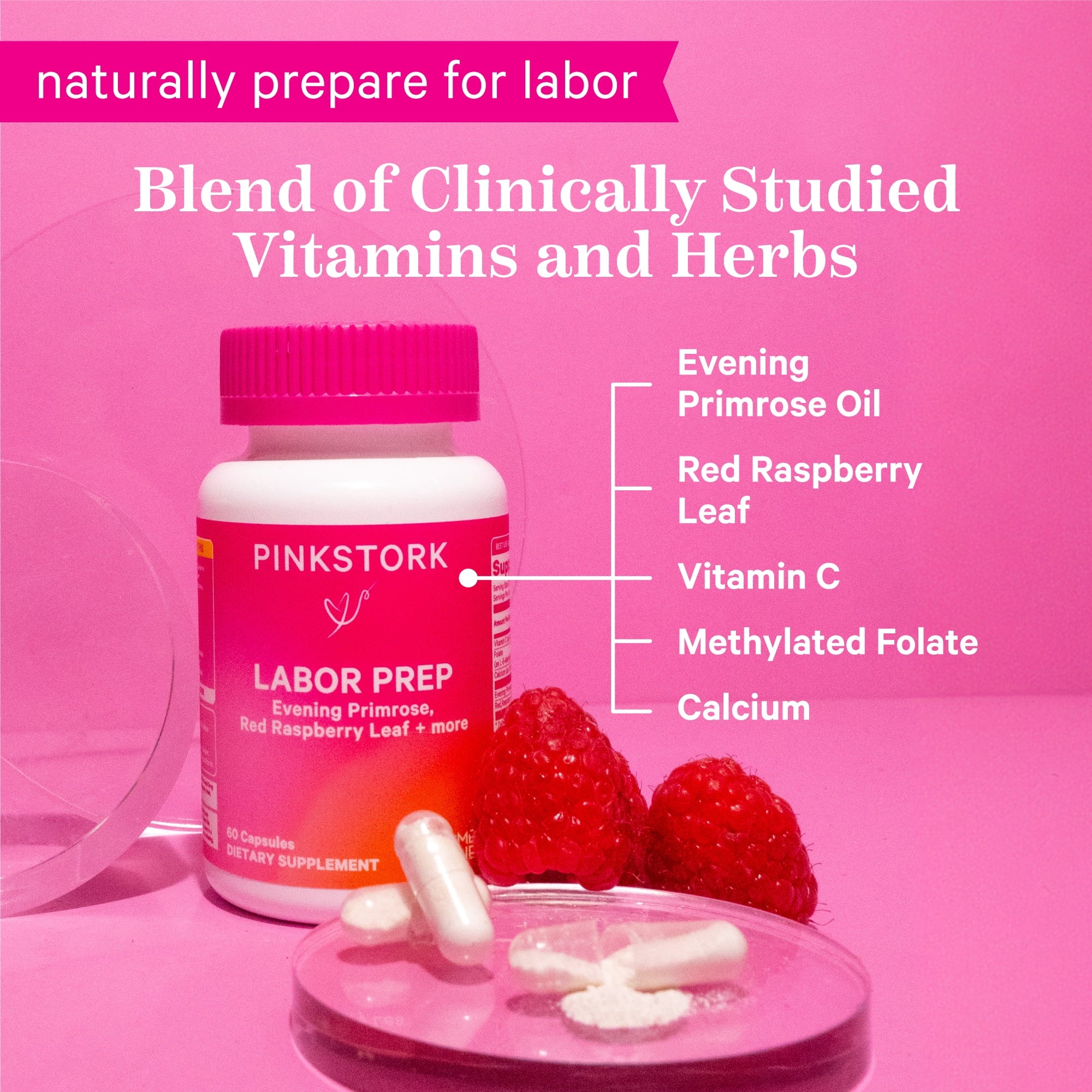 Pink Stork Labor Prep Supplement, Evening Primrose, Red Raspberry Leaf, Folate, Calcium, Pregnancy, 60 Capsules