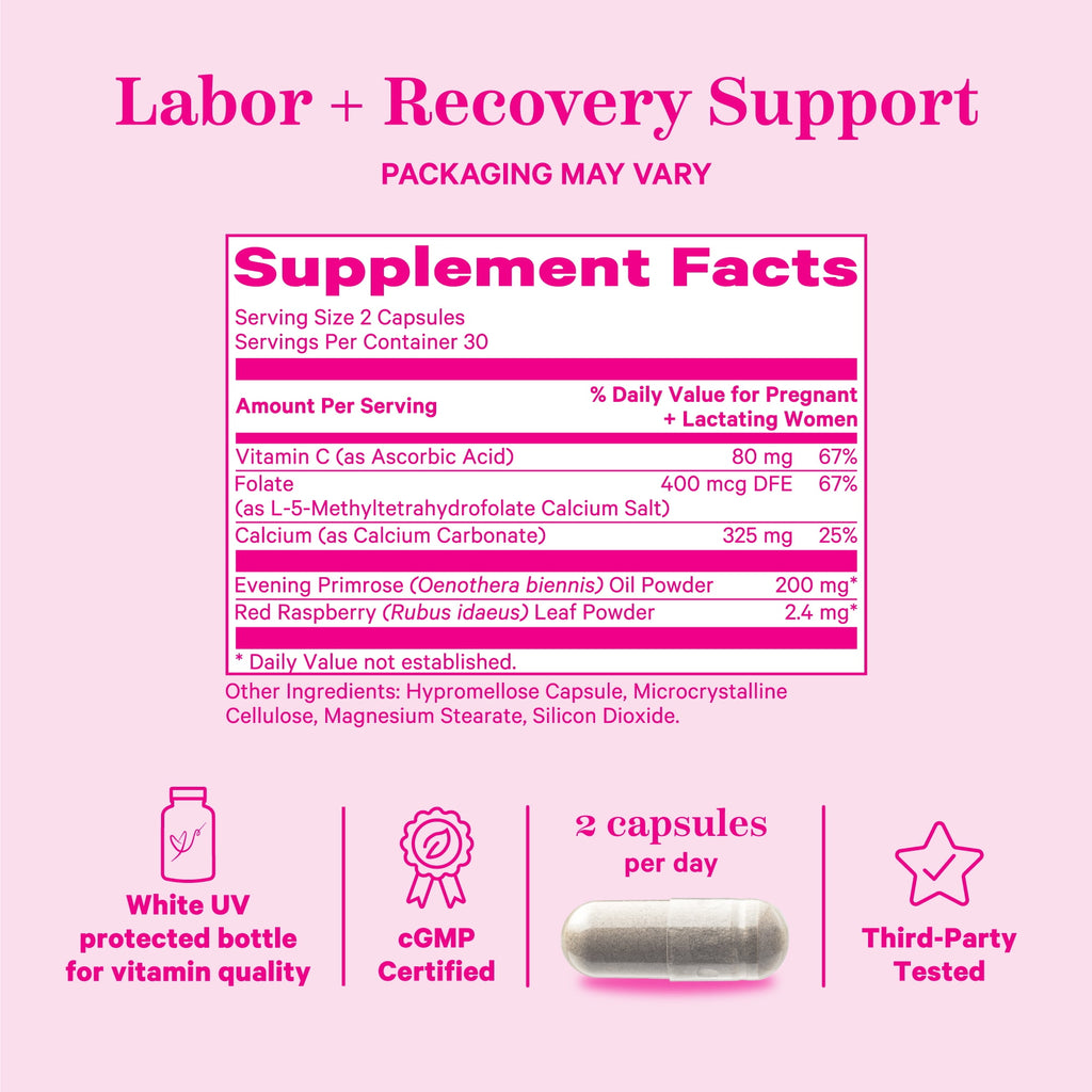 Pink Stork Labor Prep Supplement, Evening Primrose, Red Raspberry Leaf, Folate, Calcium, Pregnancy, 60 Capsules
