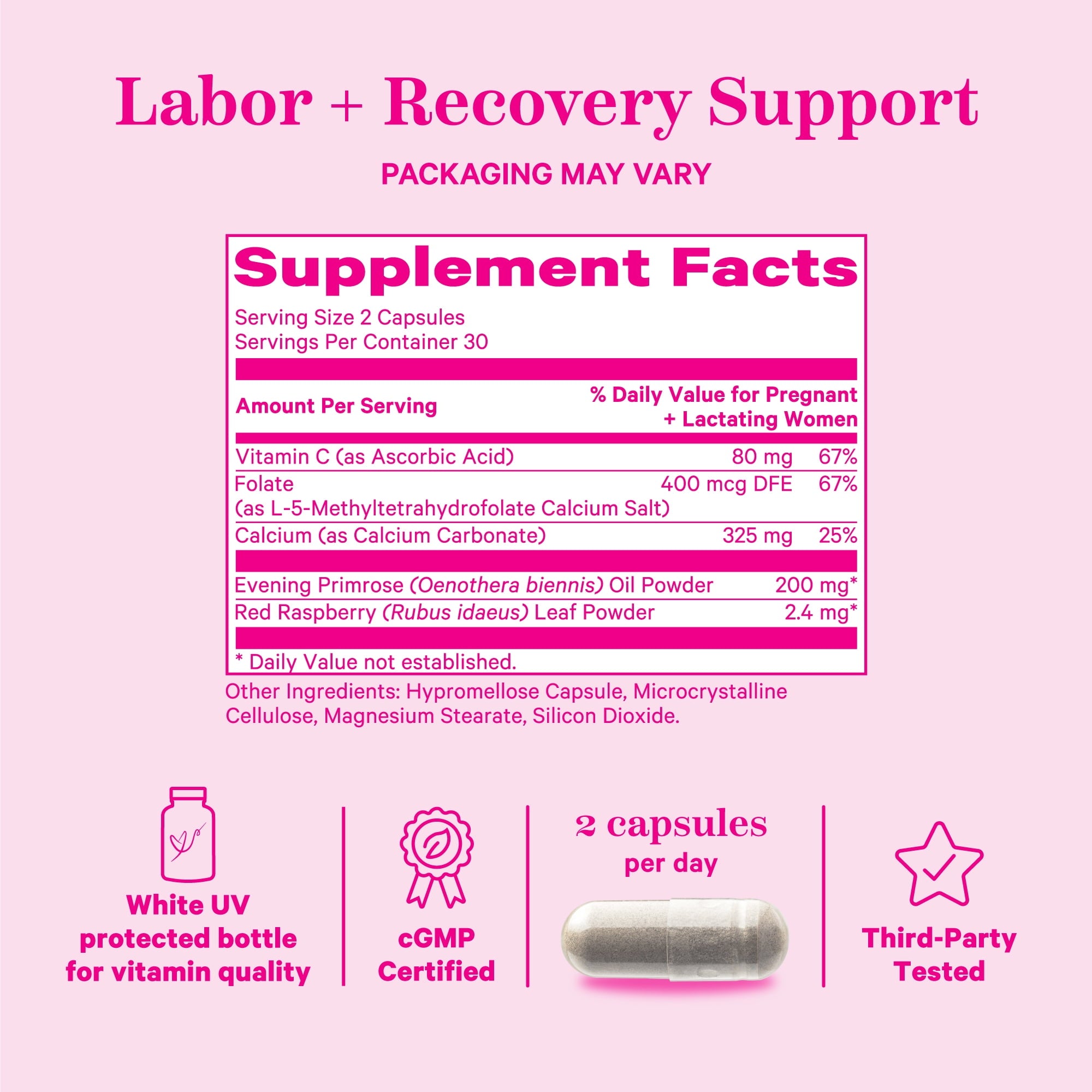 Pink Stork Labor Prep Supplement, Evening Primrose, Red Raspberry Leaf, Folate, Calcium, Pregnancy, 60 Capsules