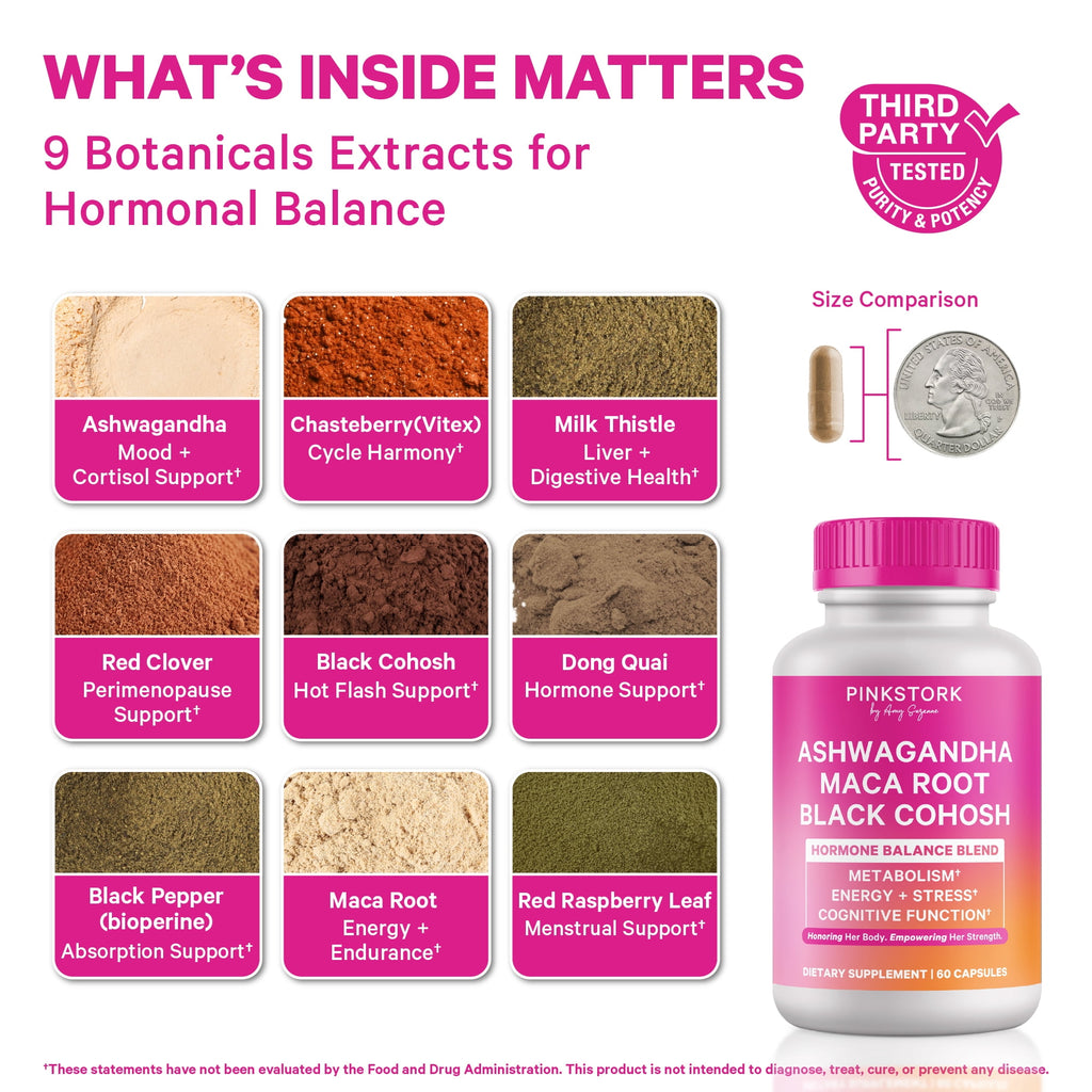 Pink Stork Ashwagandha, Maca Root, and Black Cohosh - Hormone Balance for Women, 60 Count