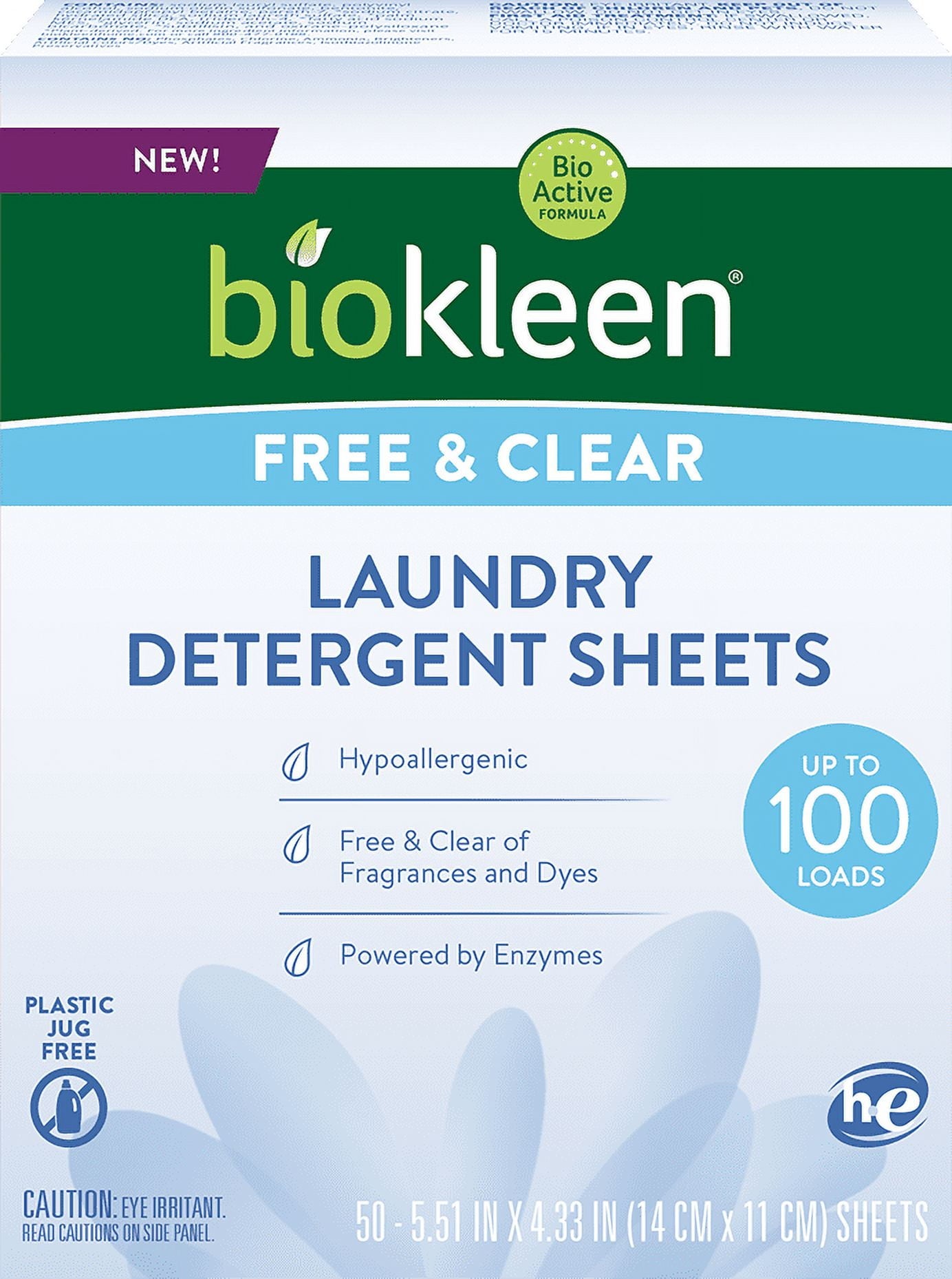 Biokleen Laundry Detergent Sheets - Free &amp; Clear From Fragrances and Dyes, Hypoallergenic Enzymatic Cleaning, 50 Sheets - 100 Loads