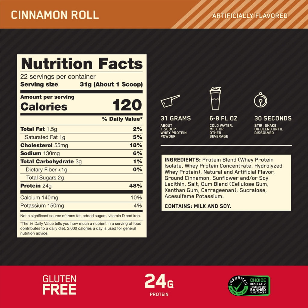 Optimum Nutrition Gold Standard 100% Whey Protein Powder, Cinnamon Roll, 1.5 lb Tub, 22 Servings