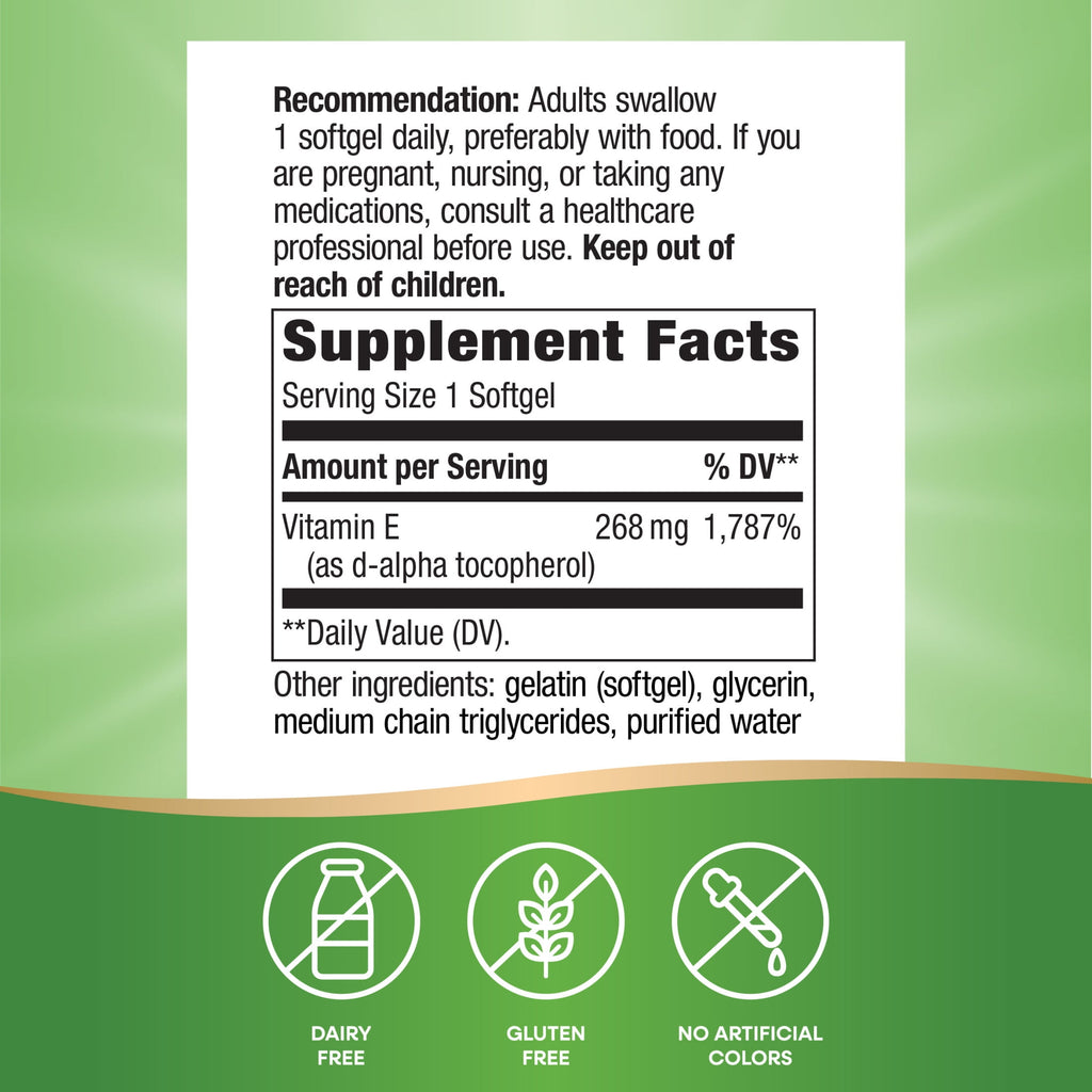 Nature's Way Vitamin E Softgels, D-Alpha Tocopherol, Essential Antioxidant, 268mg per Serving, 100ct