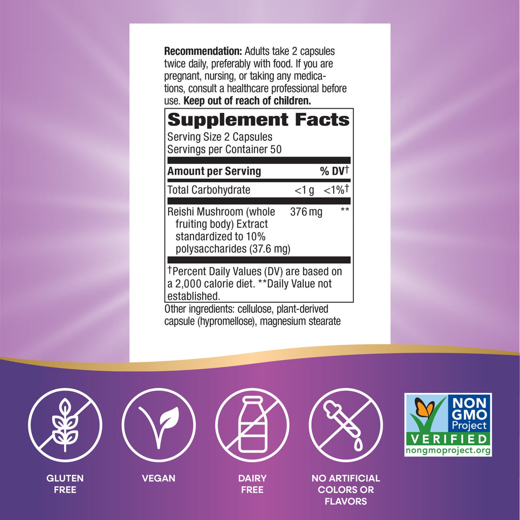 Nature’s Way Reishi Mushroom Premium Extract Capsules, Supports Immune Function*, Unisex, 100 Count