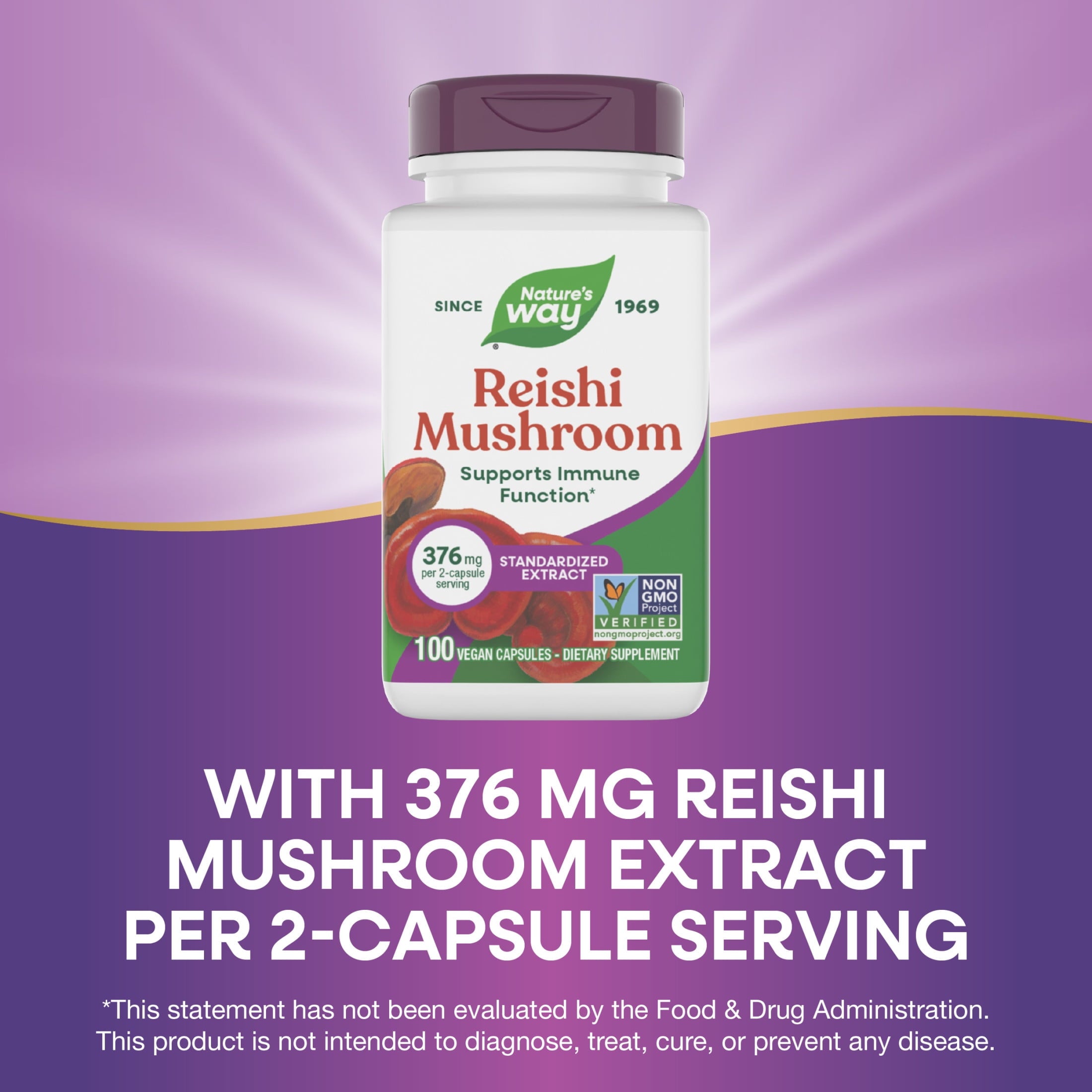 Nature’s Way Reishi Mushroom Premium Extract Capsules, Supports Immune Function*, Unisex, 100 Count