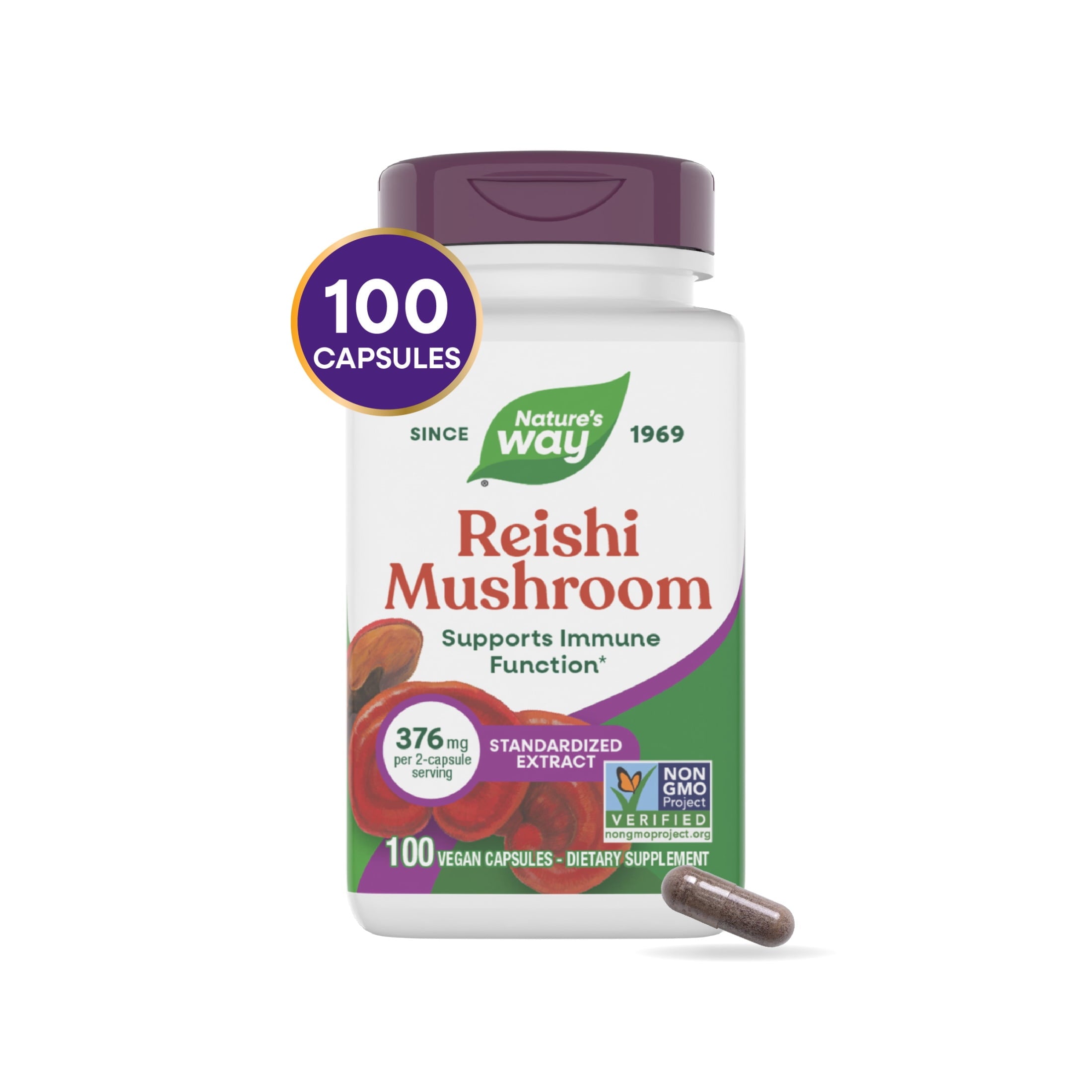 Nature’s Way Reishi Mushroom Premium Extract Capsules, Supports Immune Function*, Unisex, 100 Count
