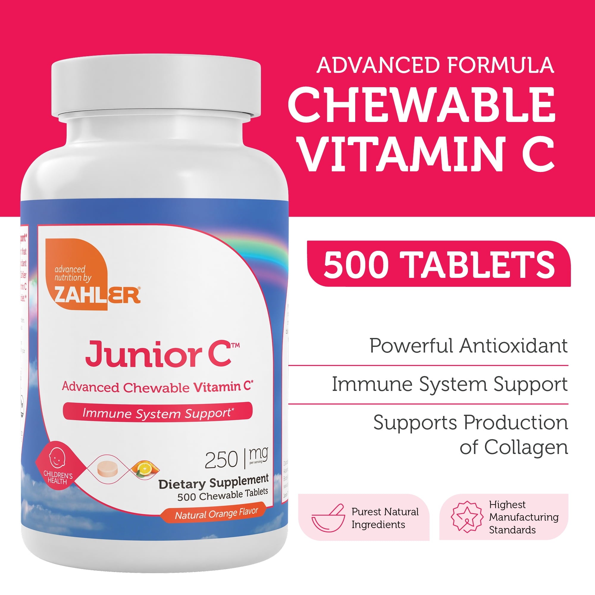 Zahler Junior C Advanced Chewable Vitamin C for Kids - Immune Support Kids Vitamins in Delicious Orange Flavor - Kosher Kids Vitamin C for Immunity - Vitamin C Chewable Antioxidant - (500 Count)