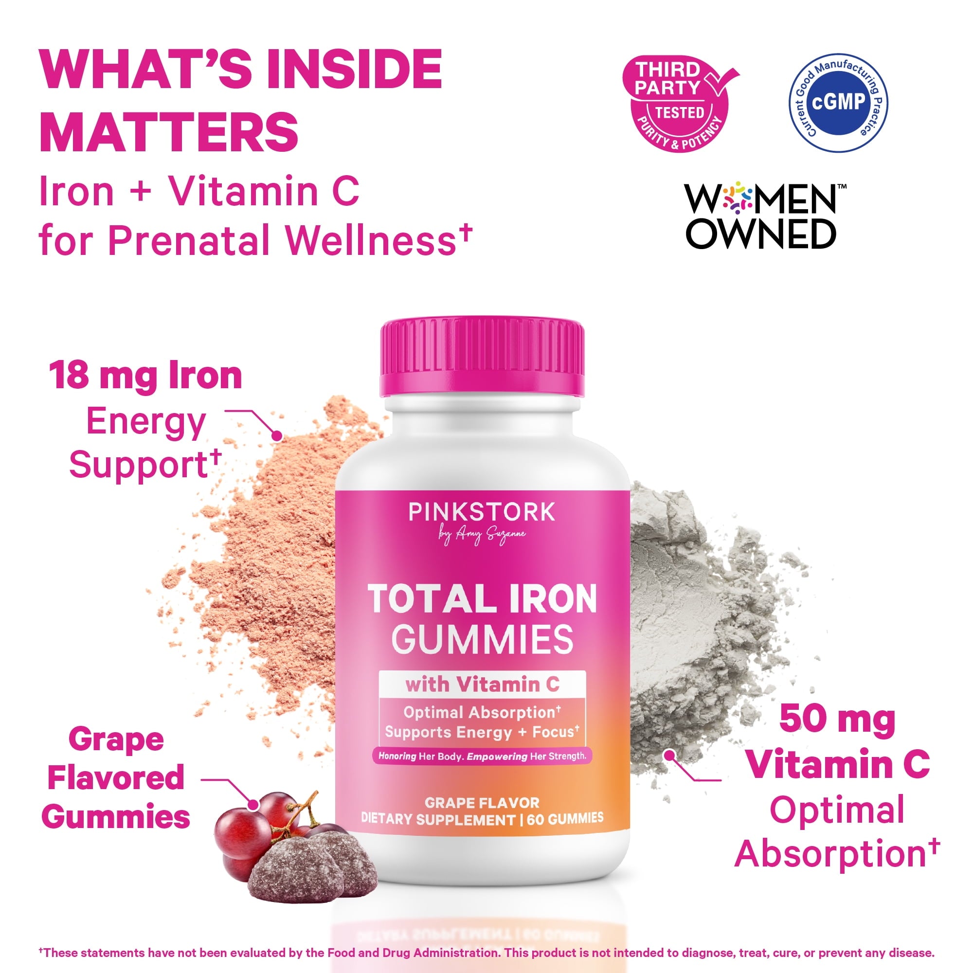 Pink Stork Prenatal Iron Gummies with Vitamin C, Grape Flavor, 60 Count