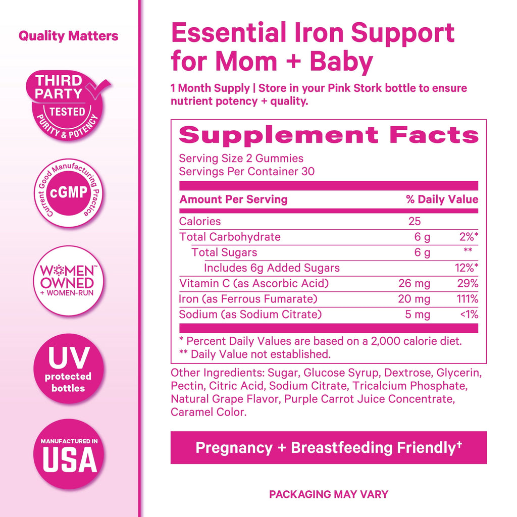 Pink Stork Prenatal Iron Gummies with Vitamin C, Grape Flavor, 60 Count