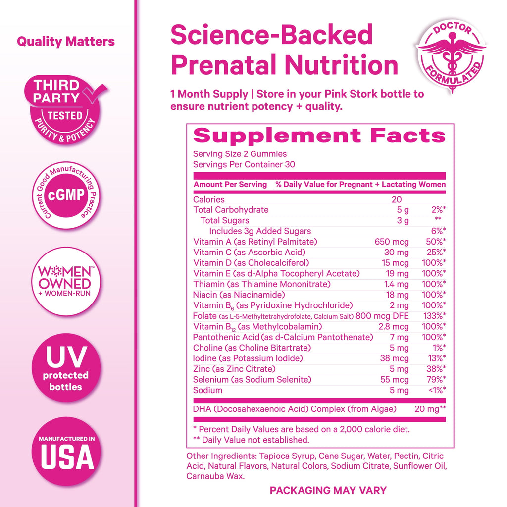 Pink Stork Prenatal Gummy Vitamins with DHA, Folate, and Vitamin D - 60 Vegan Gummies