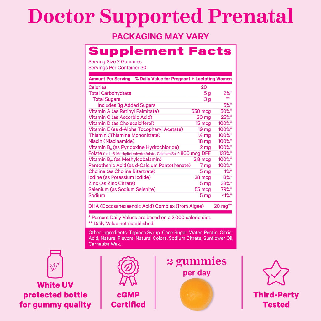 Pink Stork Prenatal Gummy Vitamins with DHA, Folate, and Vitamin D - 60 Vegan Gummies