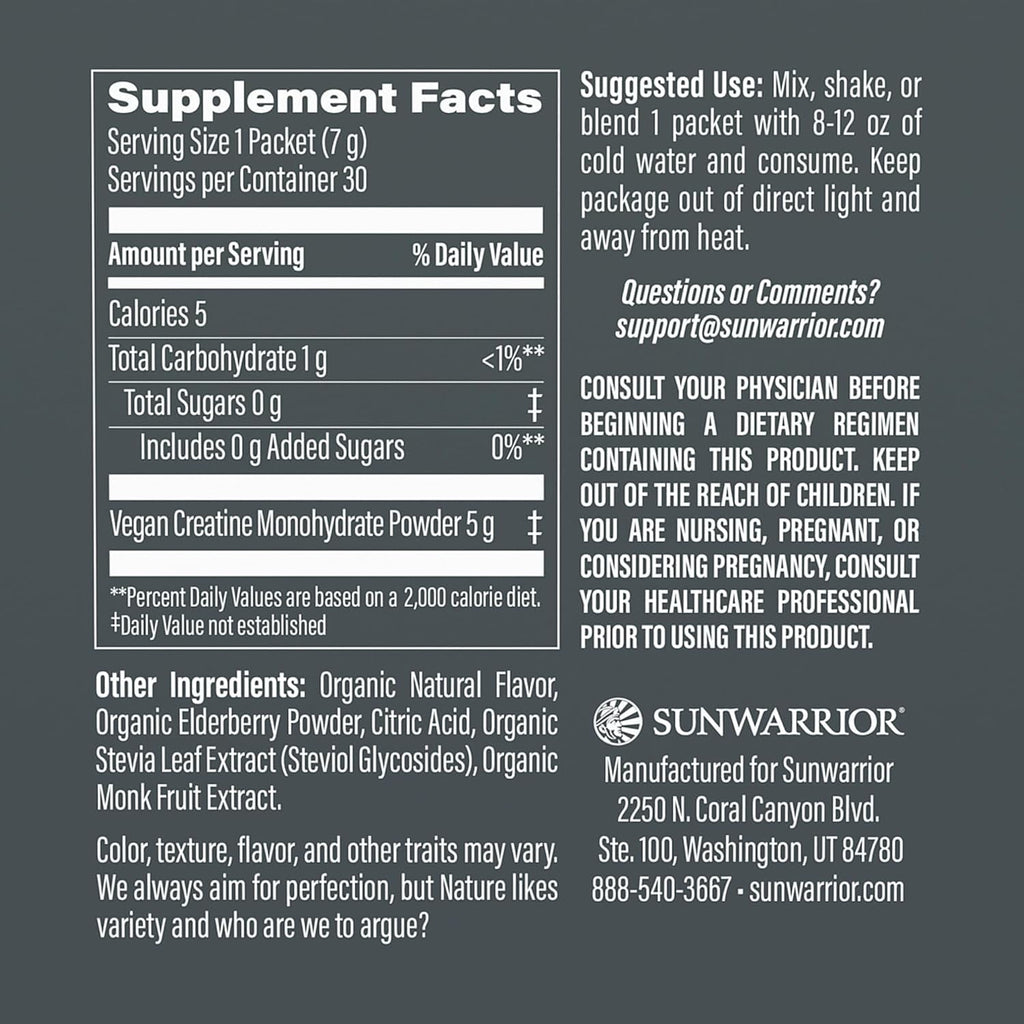 Sunwarrior Micronized Creatine Monohydrate Powder, Vegan Pre Workout Supplement, Lemonade, 30 Servings