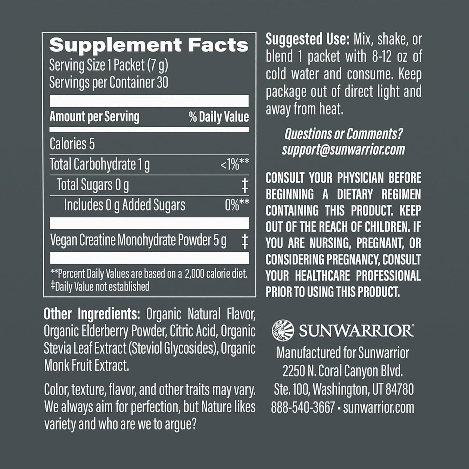 Sunwarrior Micronized Creatine Monohydrate Powder, Vegan Pre Workout Supplement, Lemonade, 30 Servings