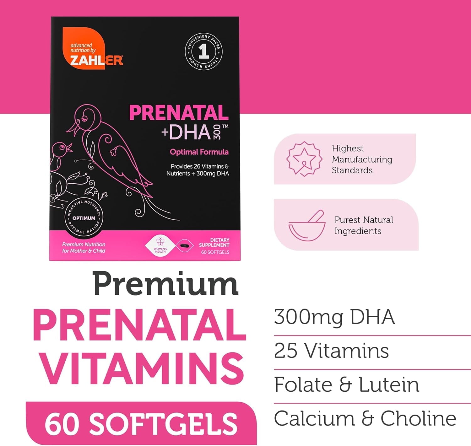 Zahler Prenatal DHA Prenatal Vitamins for Women with DHA &amp; Folate, 60 Unflavored Softgels