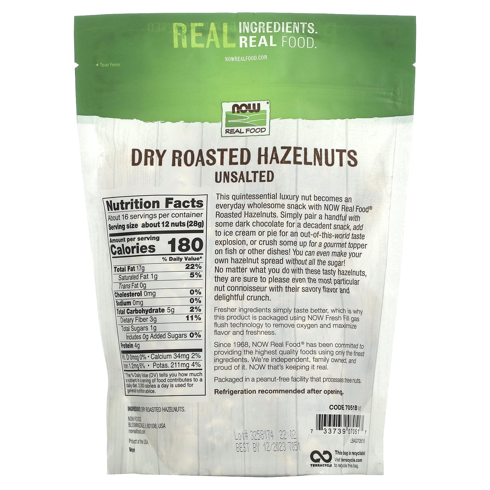 Now Foods Dry Roasted &amp; Unsalted Hazelnuts 16 oz Bag