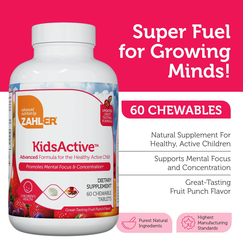 Zahler KidsActive Focus Gummies for Kids, Chewable Fruit Punch Tablets, Kids Focus Gummies &amp; Focus Supplement, 60 Count