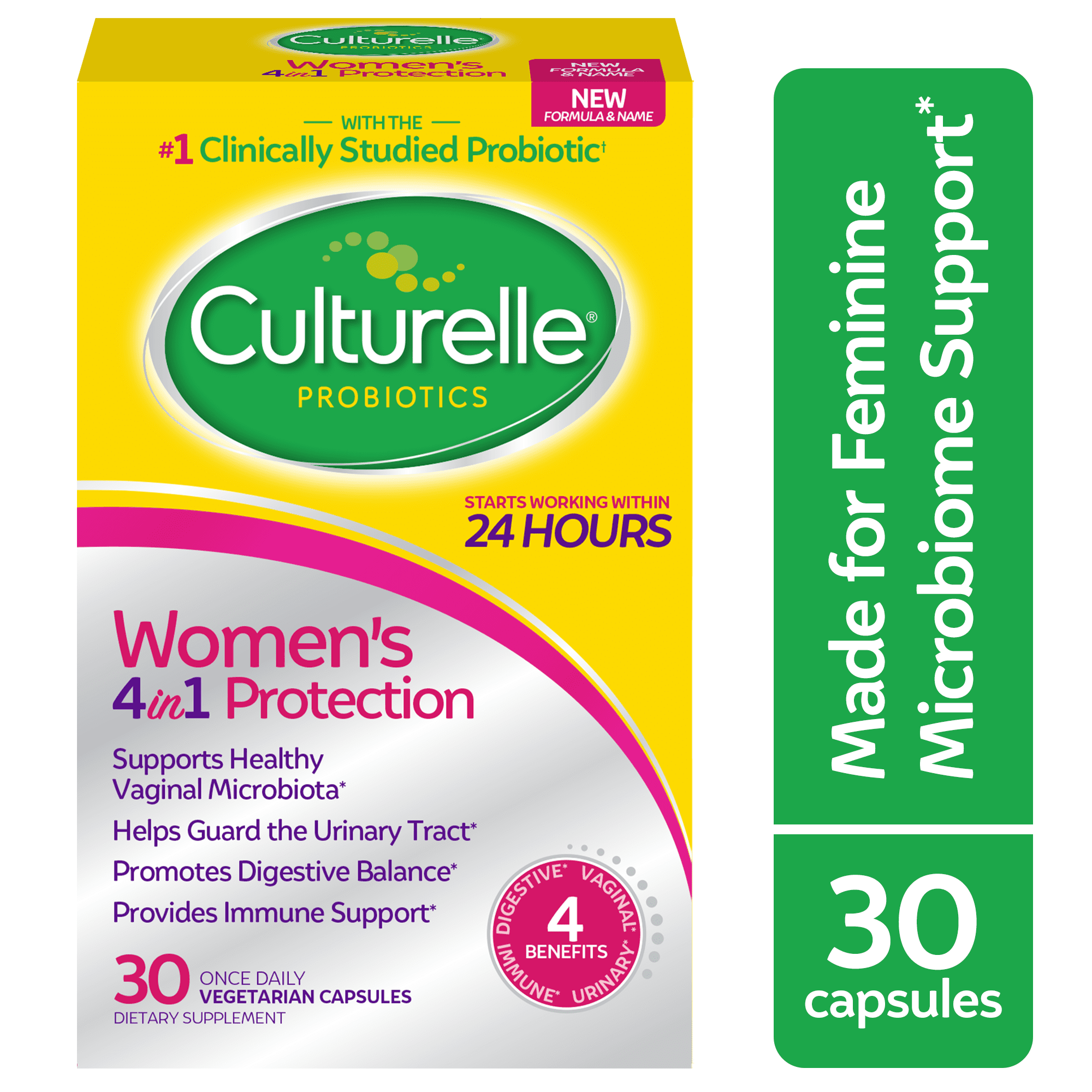 Culturelle Probiotics Women's 4-in-1 Protection Daily Supplement, Made with Prebiotics to Support Vaginal, Digestive, Urinary &amp; Immune Health, 30 Count