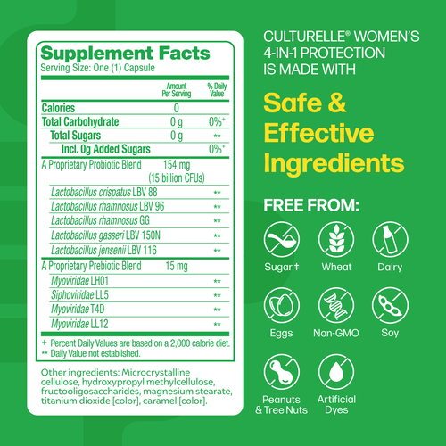 Culturelle Probiotics Women's 4-in-1 Protection Daily Supplement, Made with Prebiotics to Support Vaginal, Digestive, Urinary &amp; Immune Health, 30 Count
