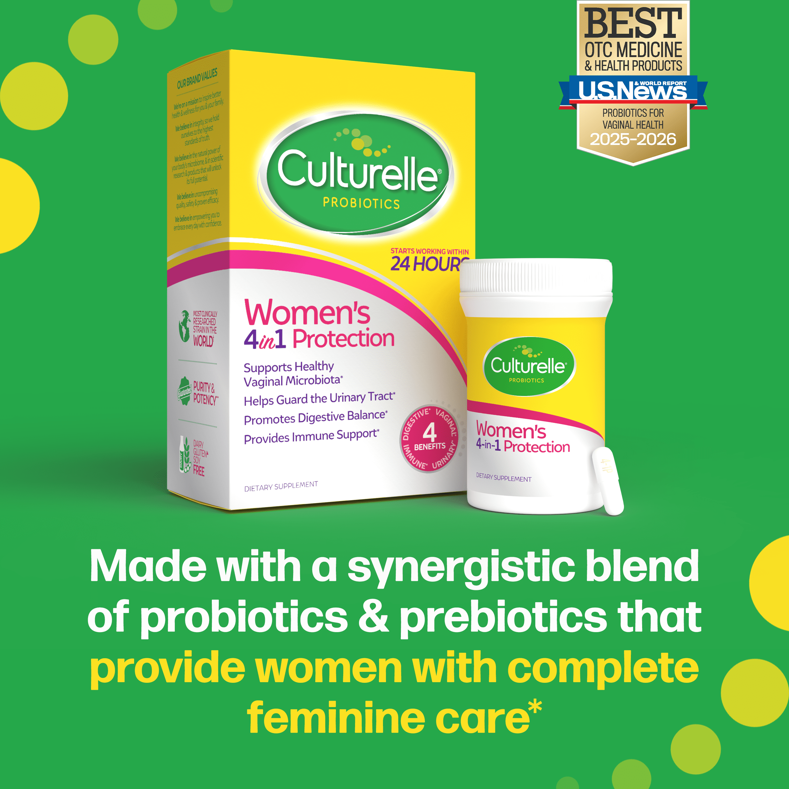 Culturelle Probiotics Women's 4-in-1 Protection Daily Supplement, Made with Prebiotics to Support Vaginal, Digestive, Urinary &amp; Immune Health, 30 Count
