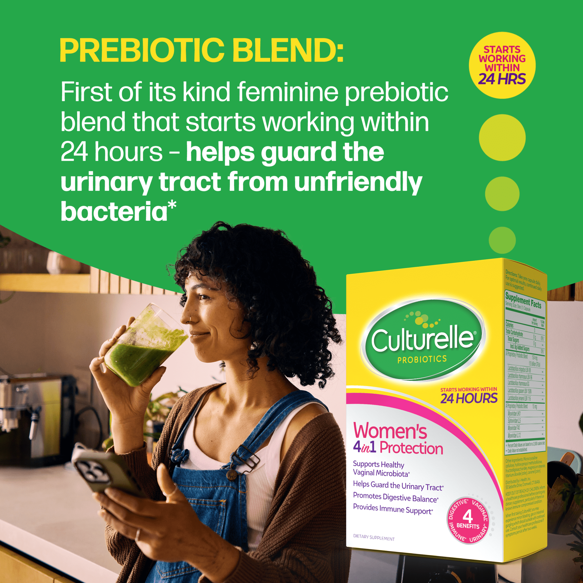 Culturelle Probiotics Women's 4-in-1 Protection Daily Supplement, Made with Prebiotics to Support Vaginal, Digestive, Urinary &amp; Immune Health, 30 Count