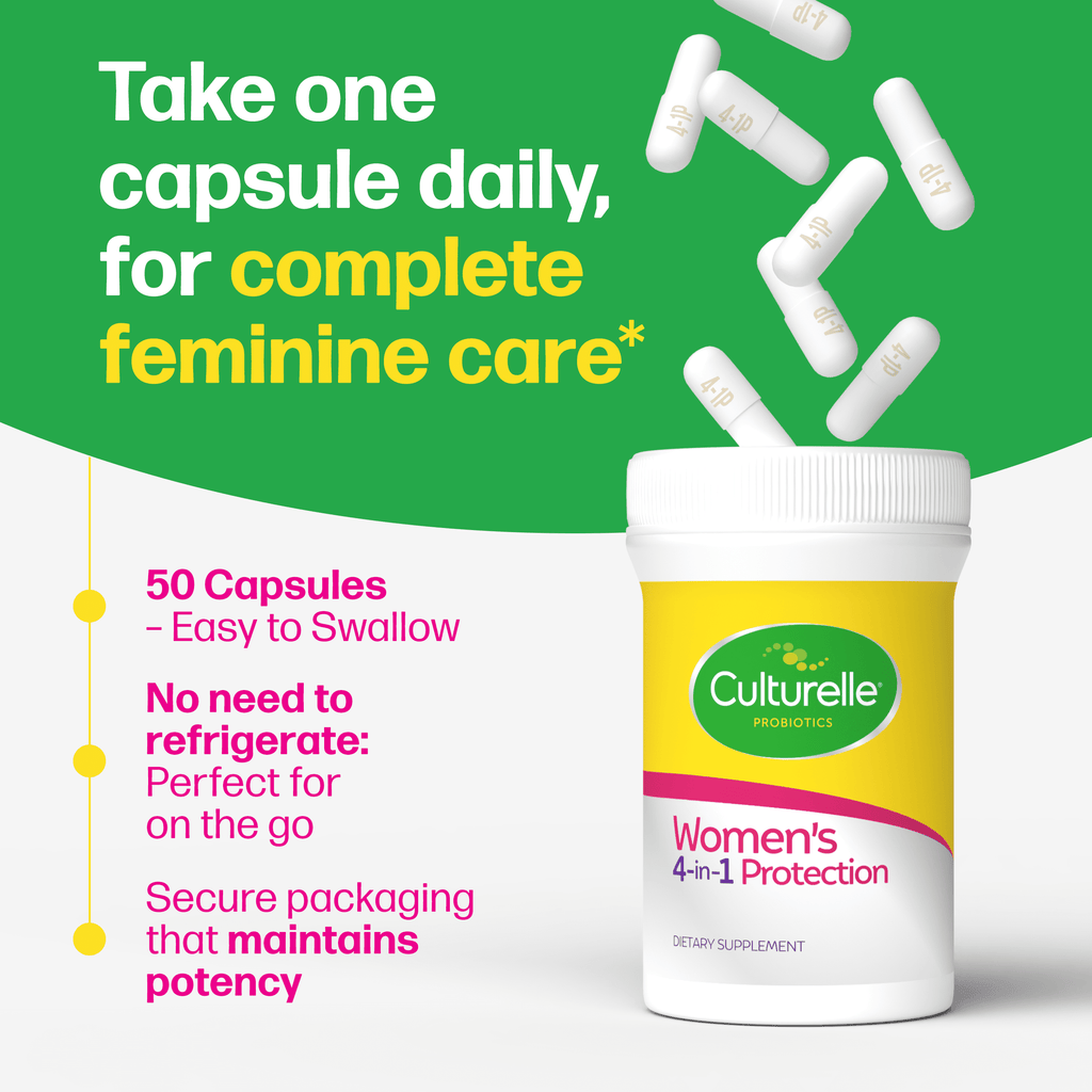 Culturelle Probiotics Women's 4-in-1 Protection Daily Supplement, Made with Prebiotics to Support Vaginal, Digestive, Urinary &amp; Immune Health, 30 Count