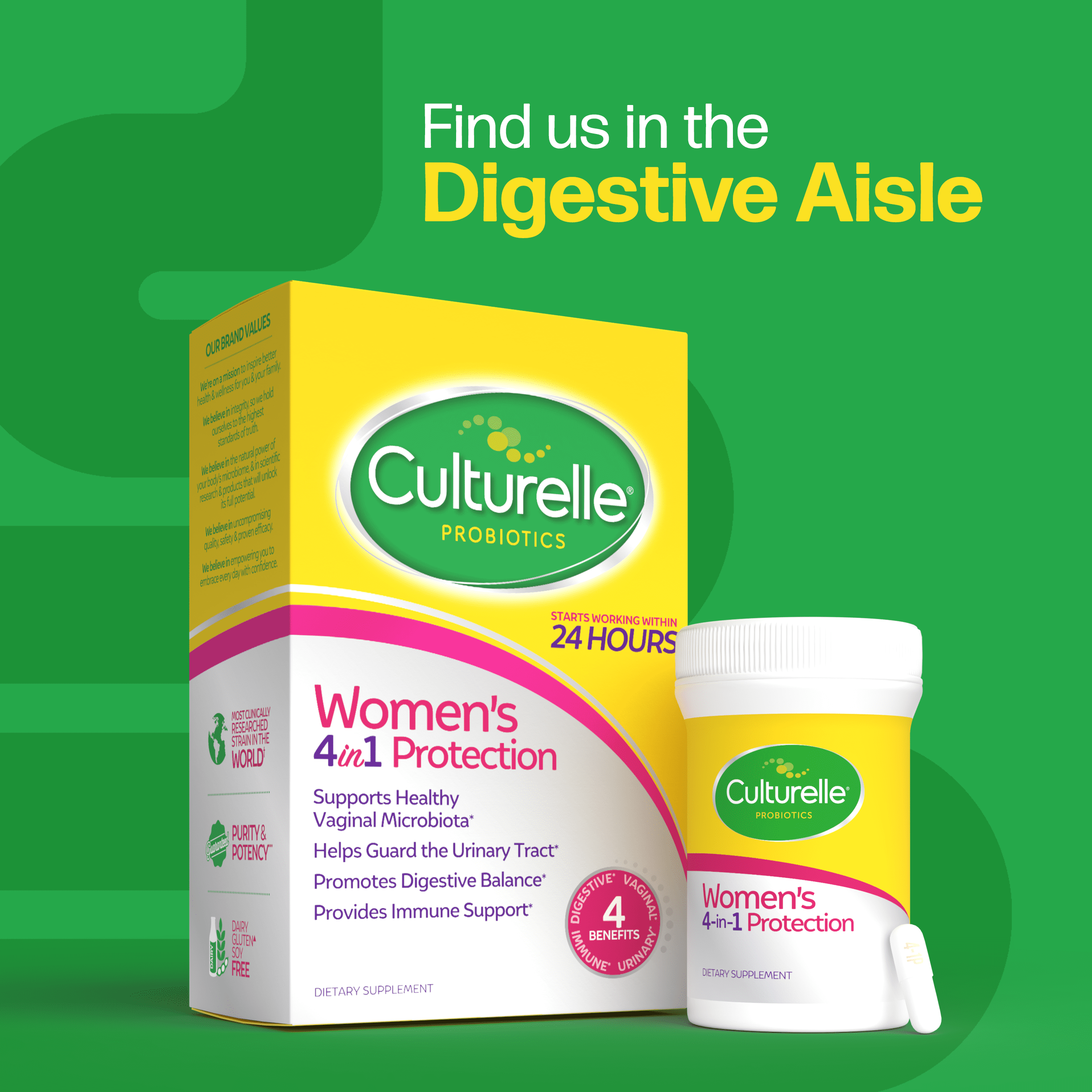 Culturelle Probiotics Women's 4-in-1 Protection Daily Supplement, Made with Prebiotics to Support Vaginal, Digestive, Urinary &amp; Immune Health, 30 Count