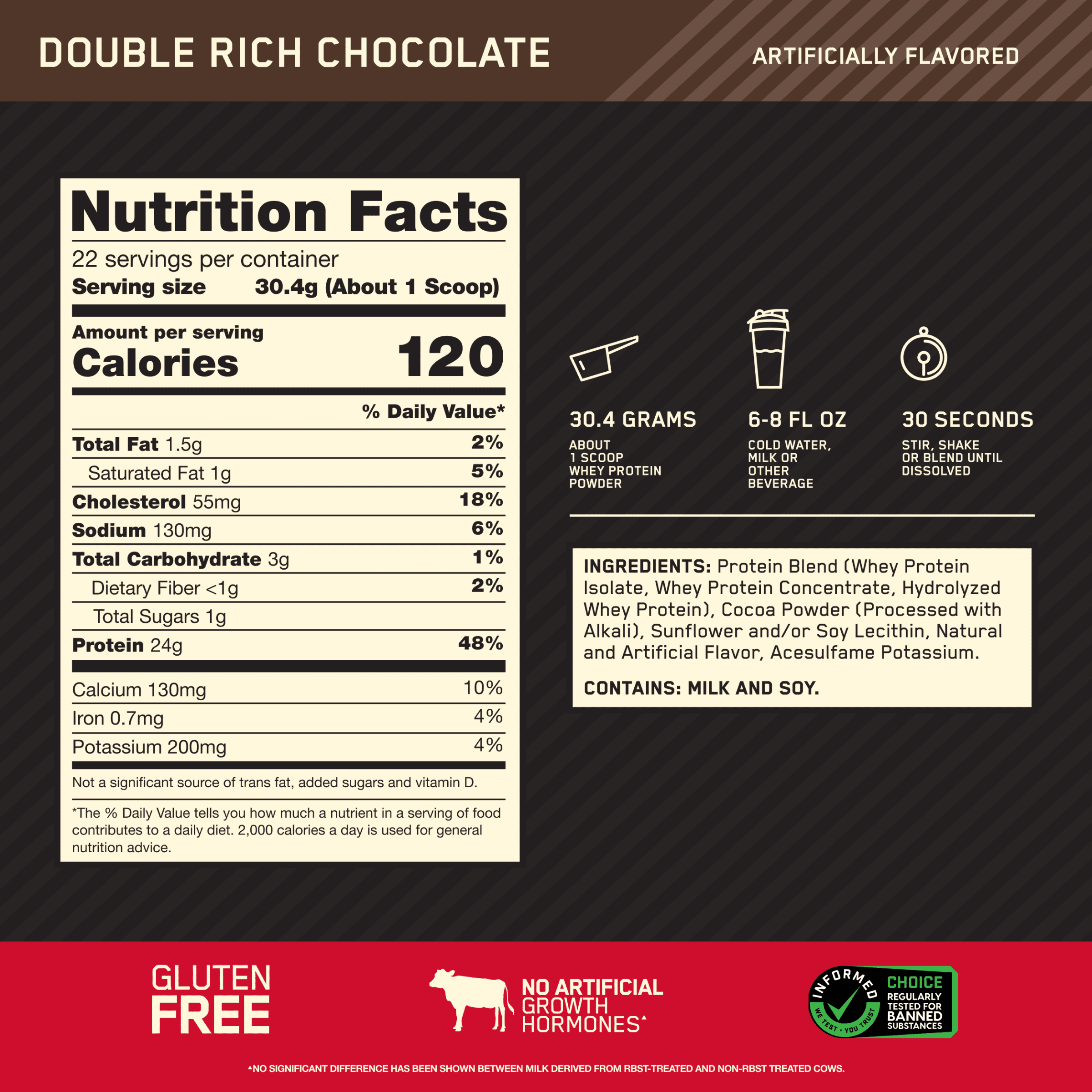 Optimum Nutrition, Gold Standard 100% Whey Protein Powder, Double Rich Chocolate 1.5lb Tub