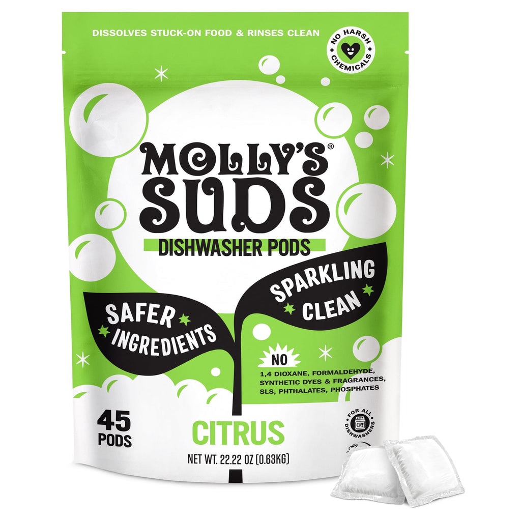 Molly's Suds Dishwasher Pods, Natural Dishwasher Detergent, Cuts Grease &amp; Rinses Clean (Residue-Free) for Sparkling Dishes, 45 Auto-Release Tabs (Citrus)