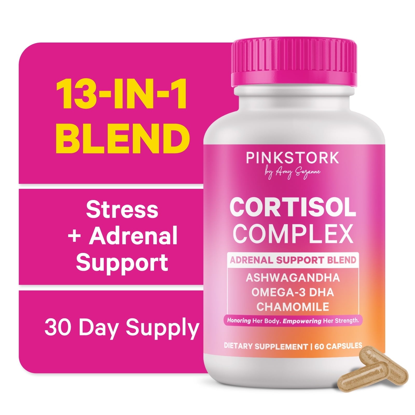 Pink Stork Cortisol Complex: Organic Ashwagandha, Omega 3 DHA, Chamomile - Mood and Stress Management for Women - 60 Count